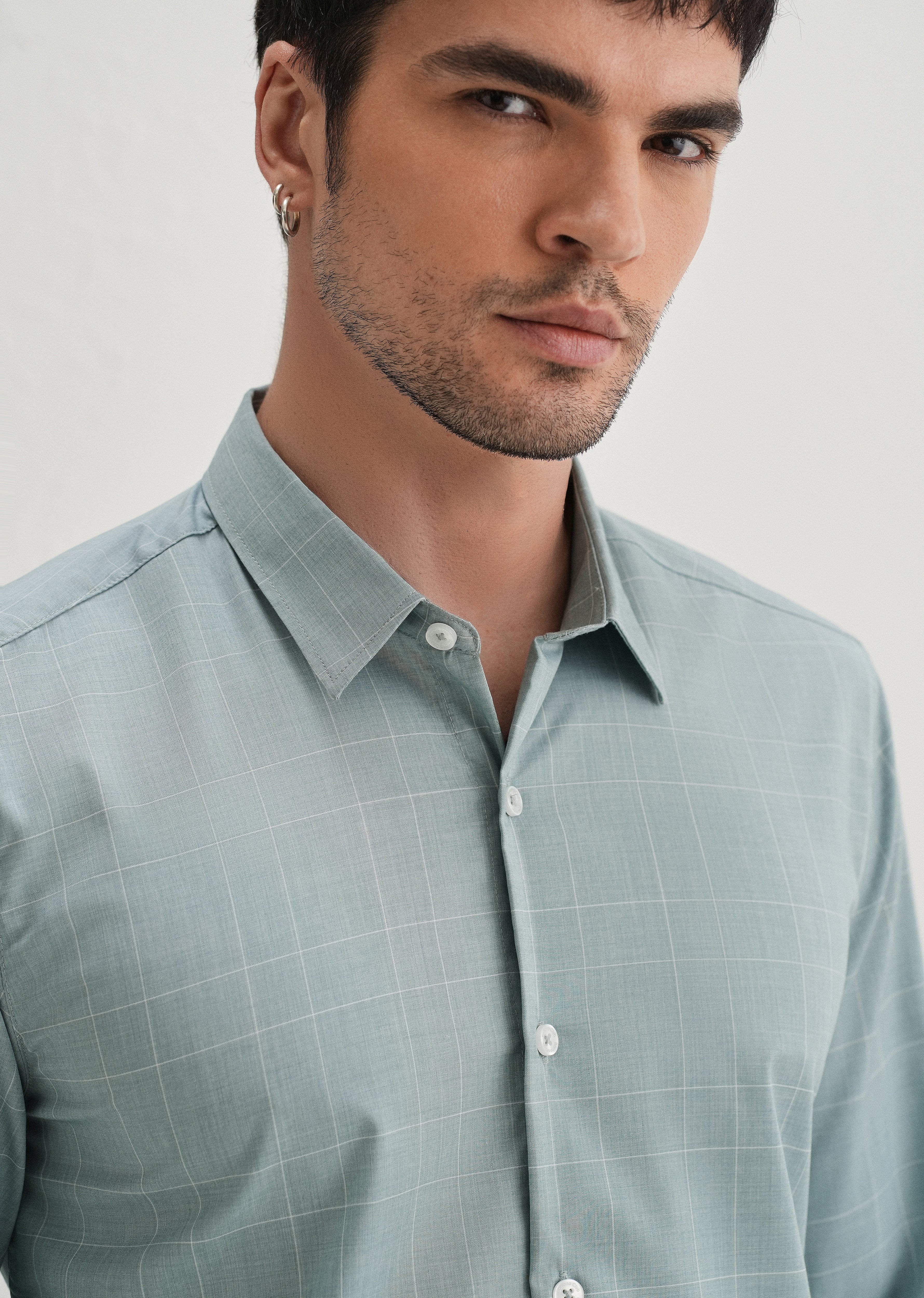 Light Teal Windowpane Check Shirt