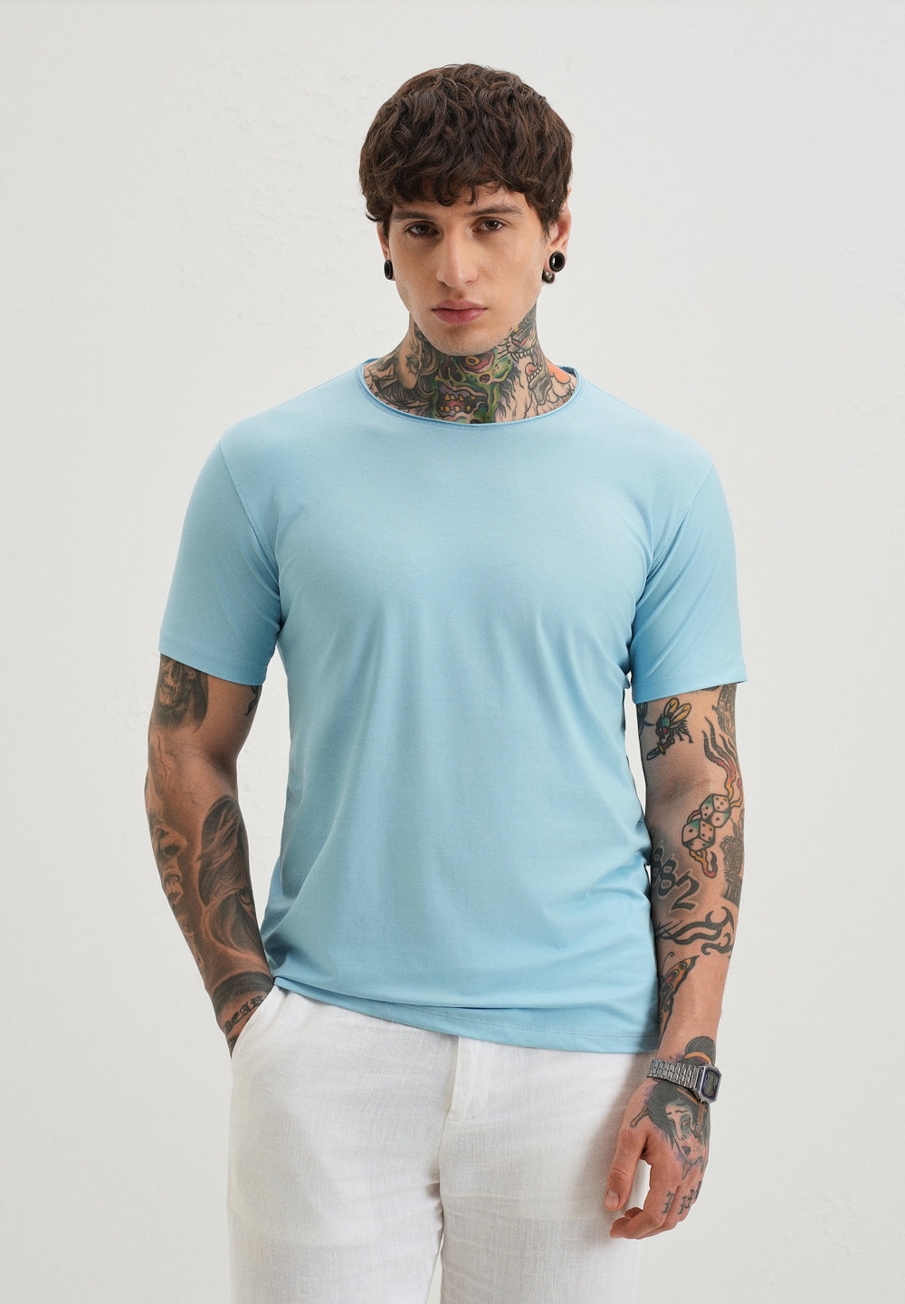 Light Blue Plain Crew neck T-shirt