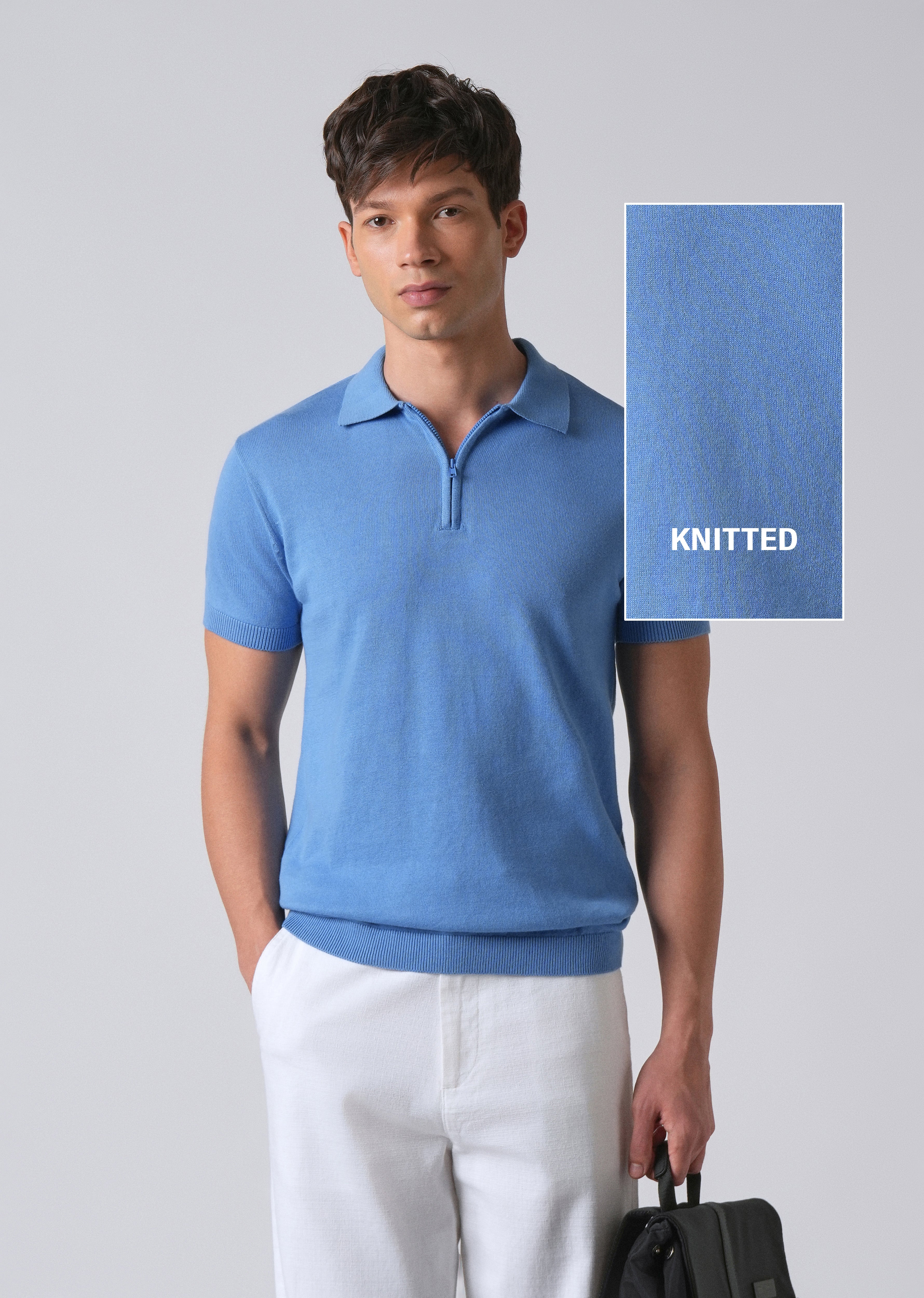 Light Blue Knitted Polo Zipper T-shirt