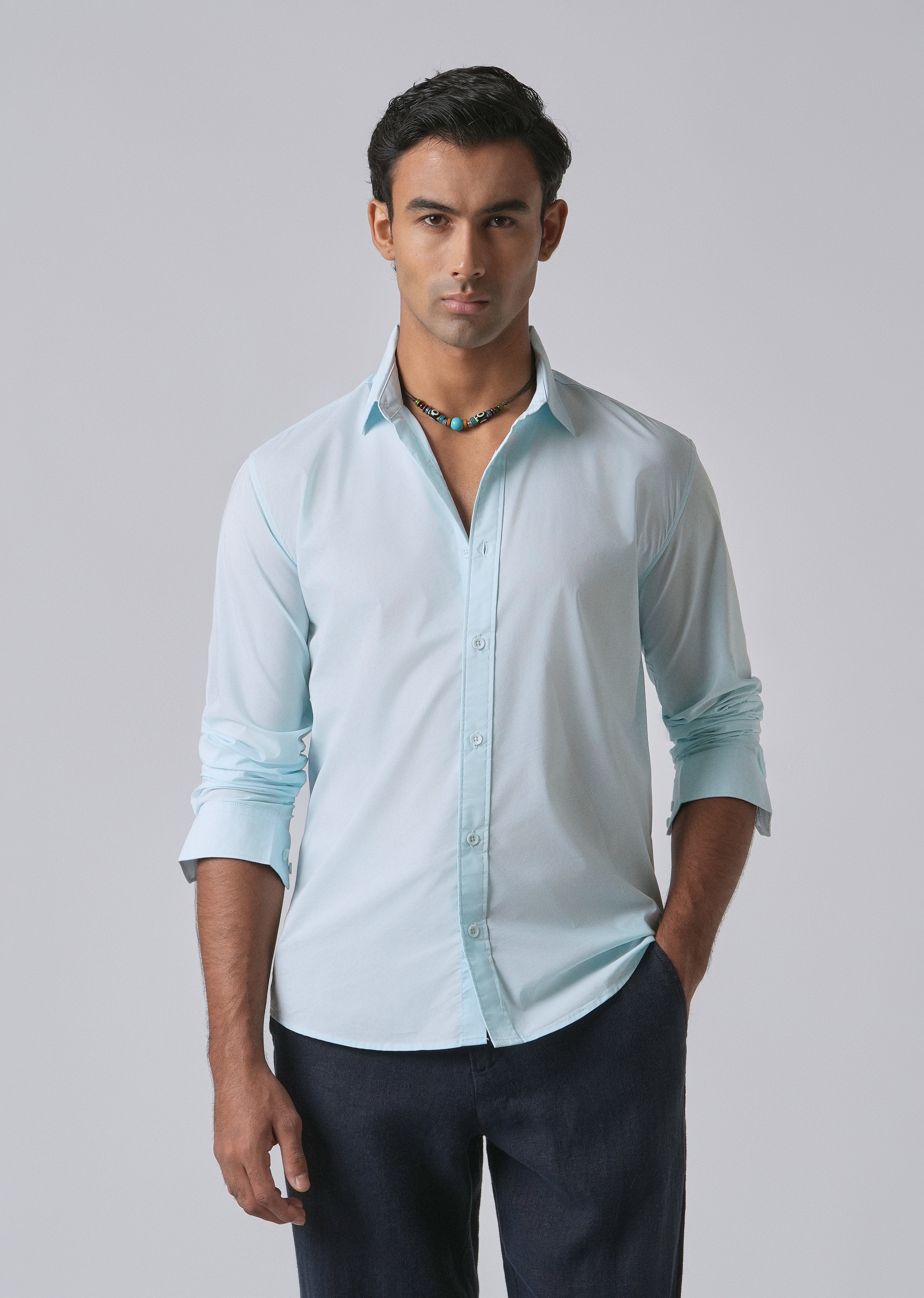 Light Blue Plain Blended Cotton Shirt