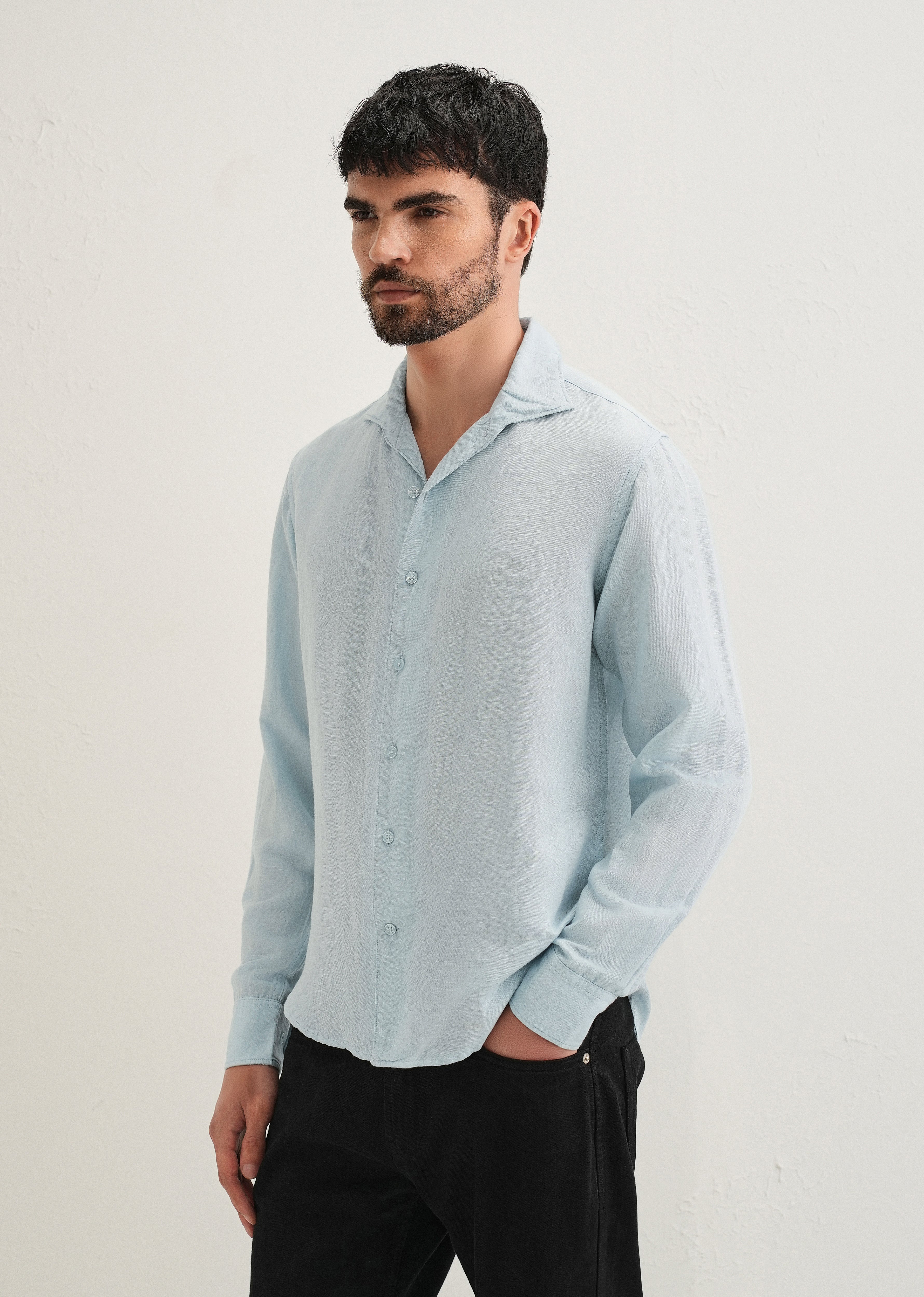 Light Blue Plain Linen Viscose Shirt