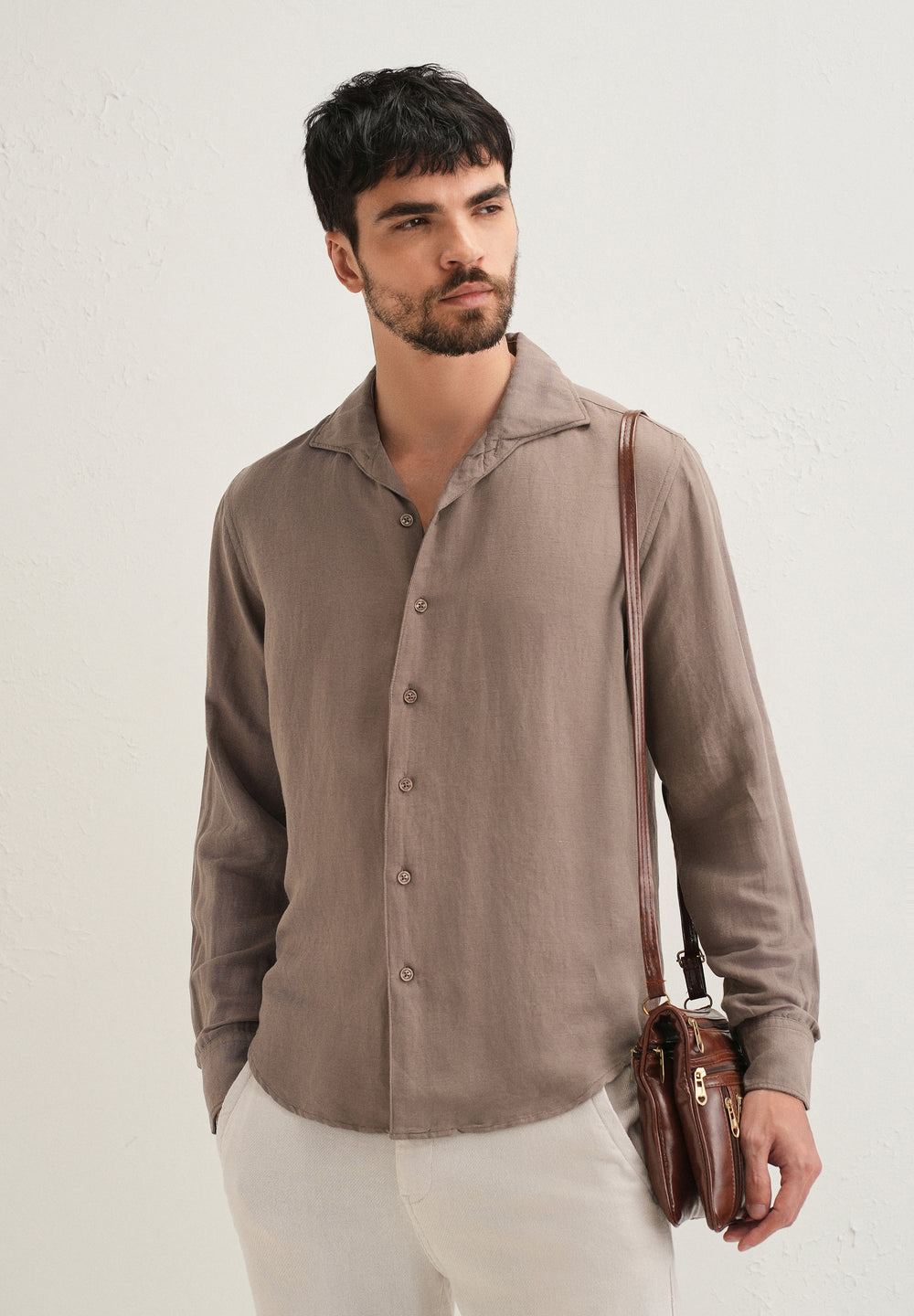 Light Brown Plain Linen Viscose Shirt
