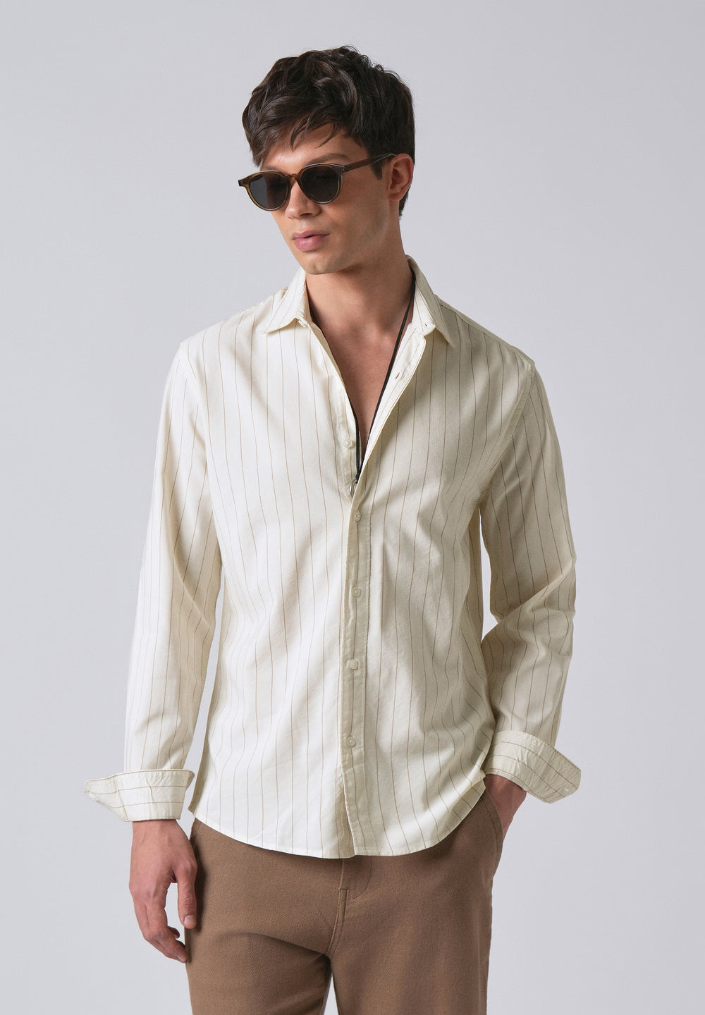 Light Cream Collar Embroidery Stripe Shirt