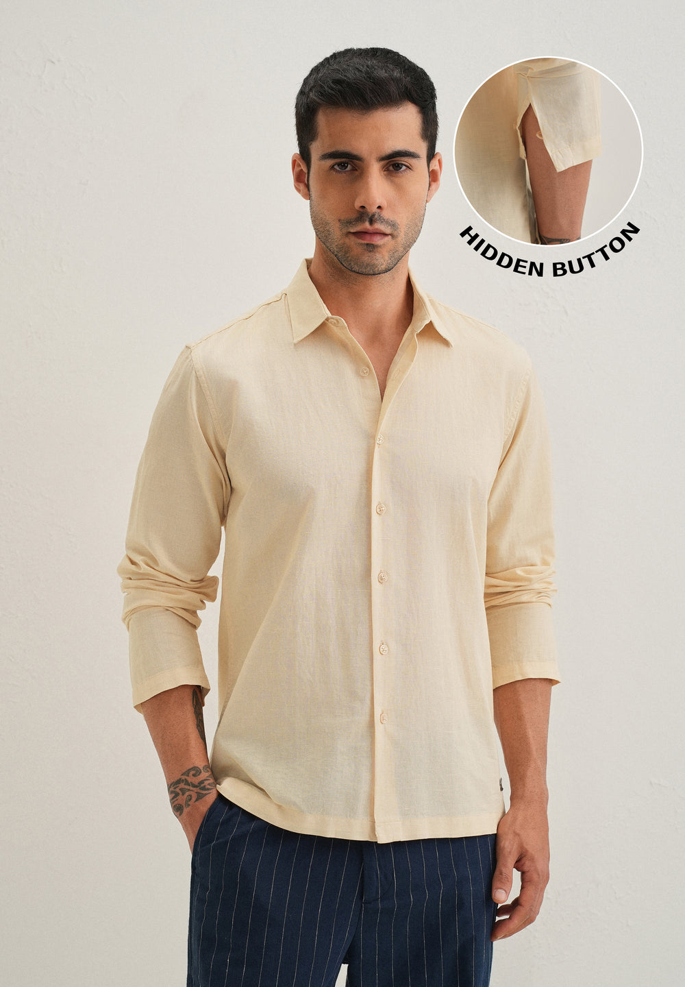 Light Ivory Hidden Sleeve Placket Cotton Linen Shirt