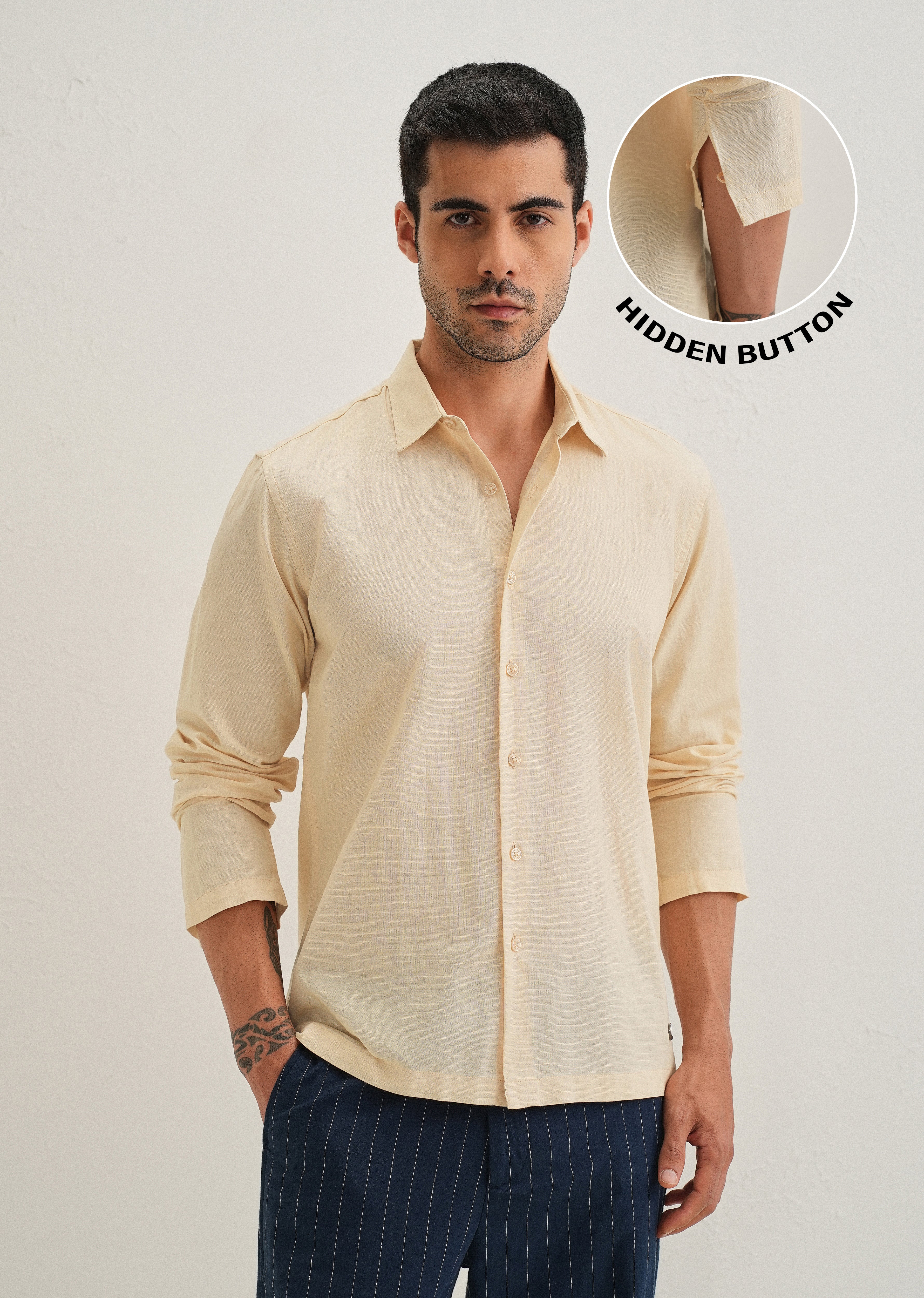 Light Ivory Hidden Sleeve Placket Cotton Linen Shirt