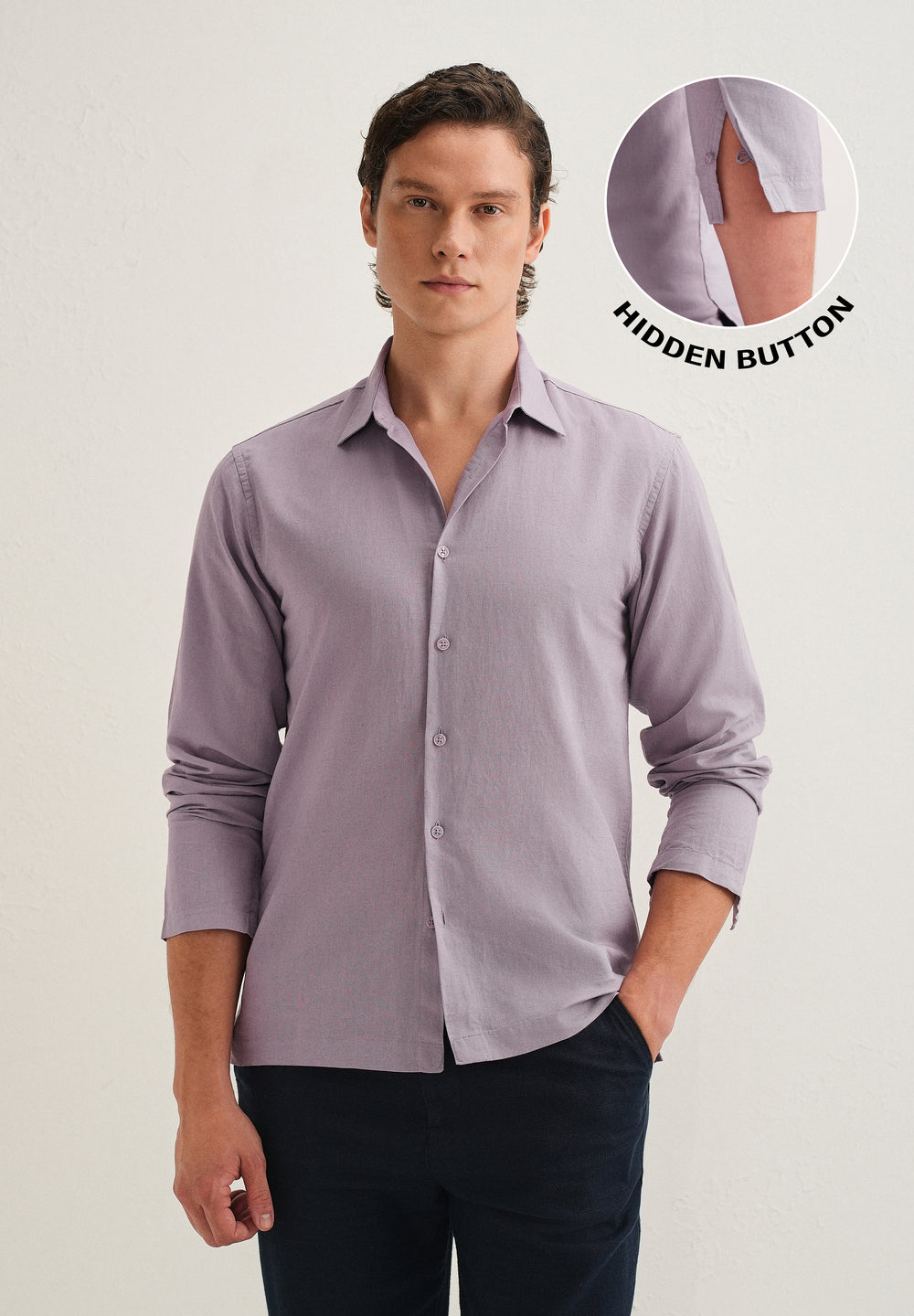 Light Purple Hidden Sleeve Placket Cotton Linen Shirt