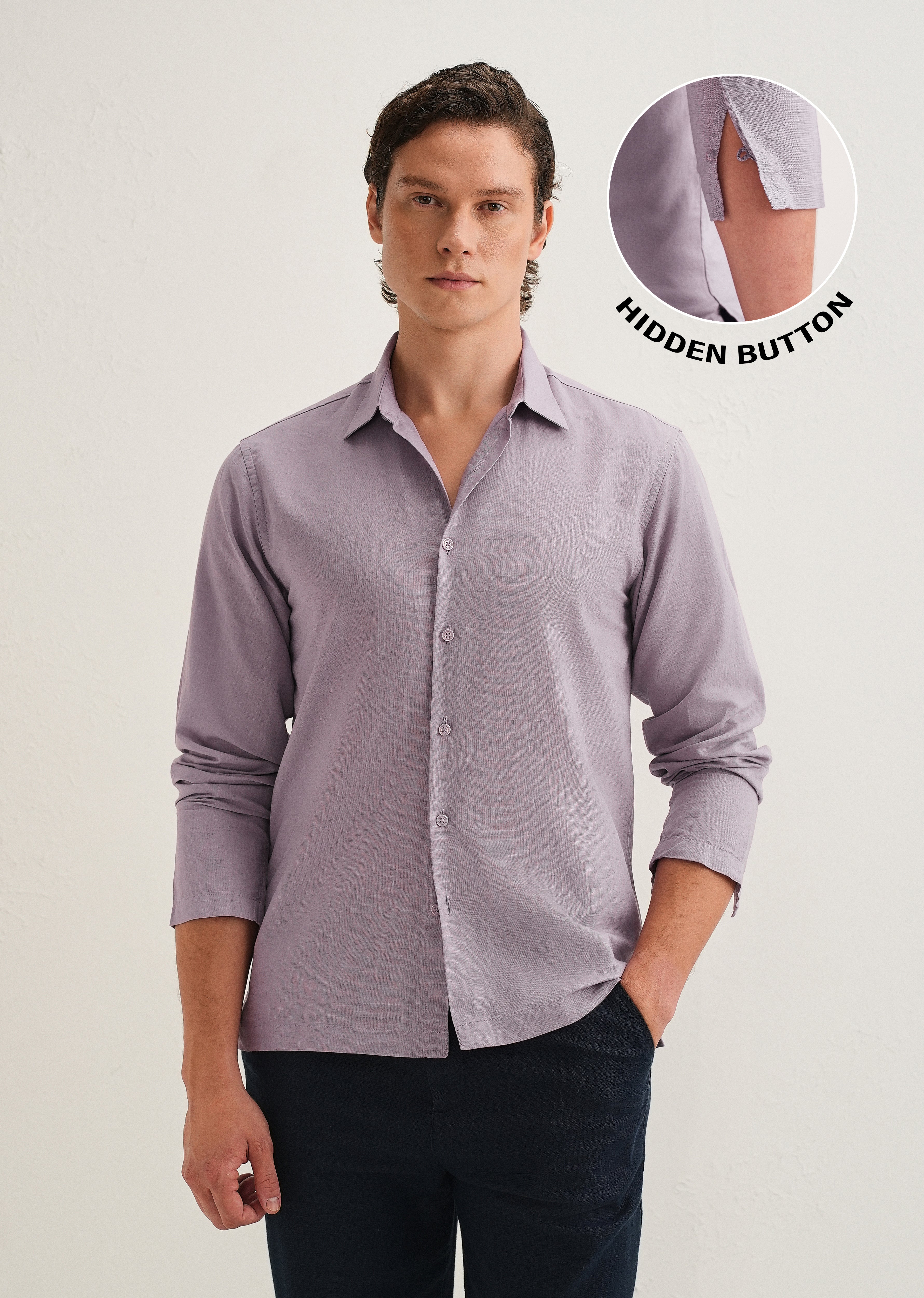 Light Purple Hidden Sleeve Placket Cotton Linen Shirt
