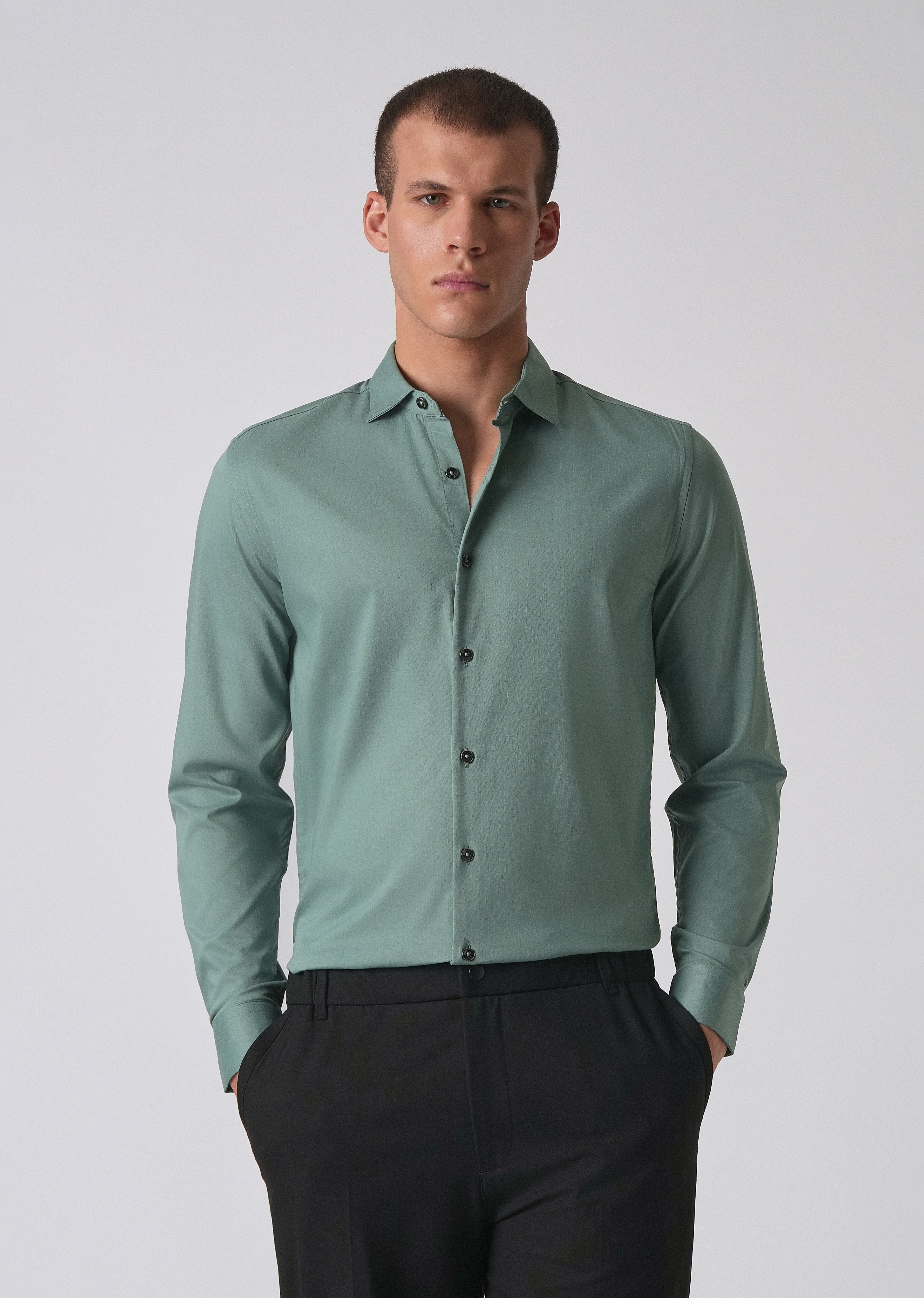 Light Sea Green Cotton Stretch Plain Shirt