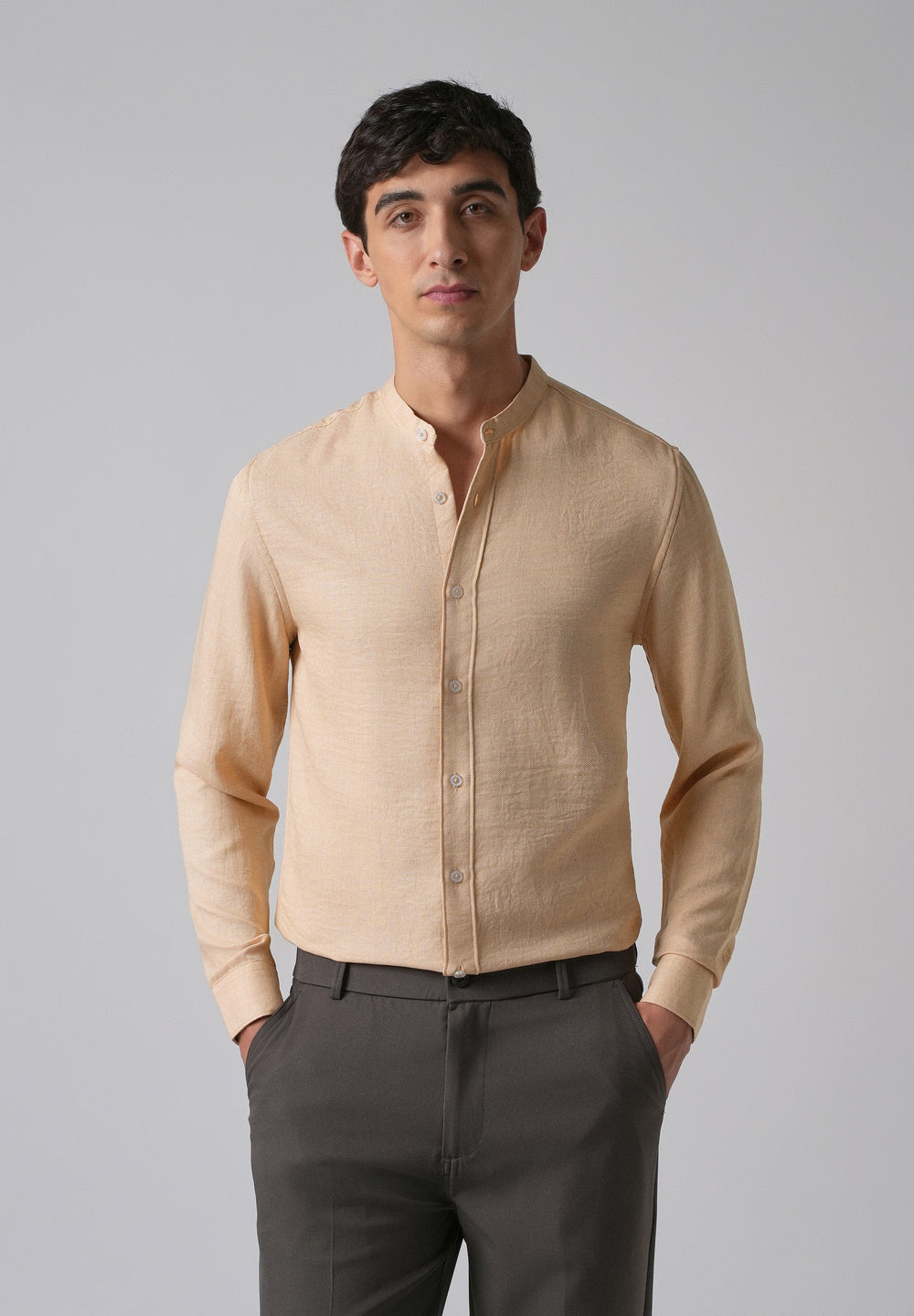 Light Tan Plain Mandarin Collar Shirt
