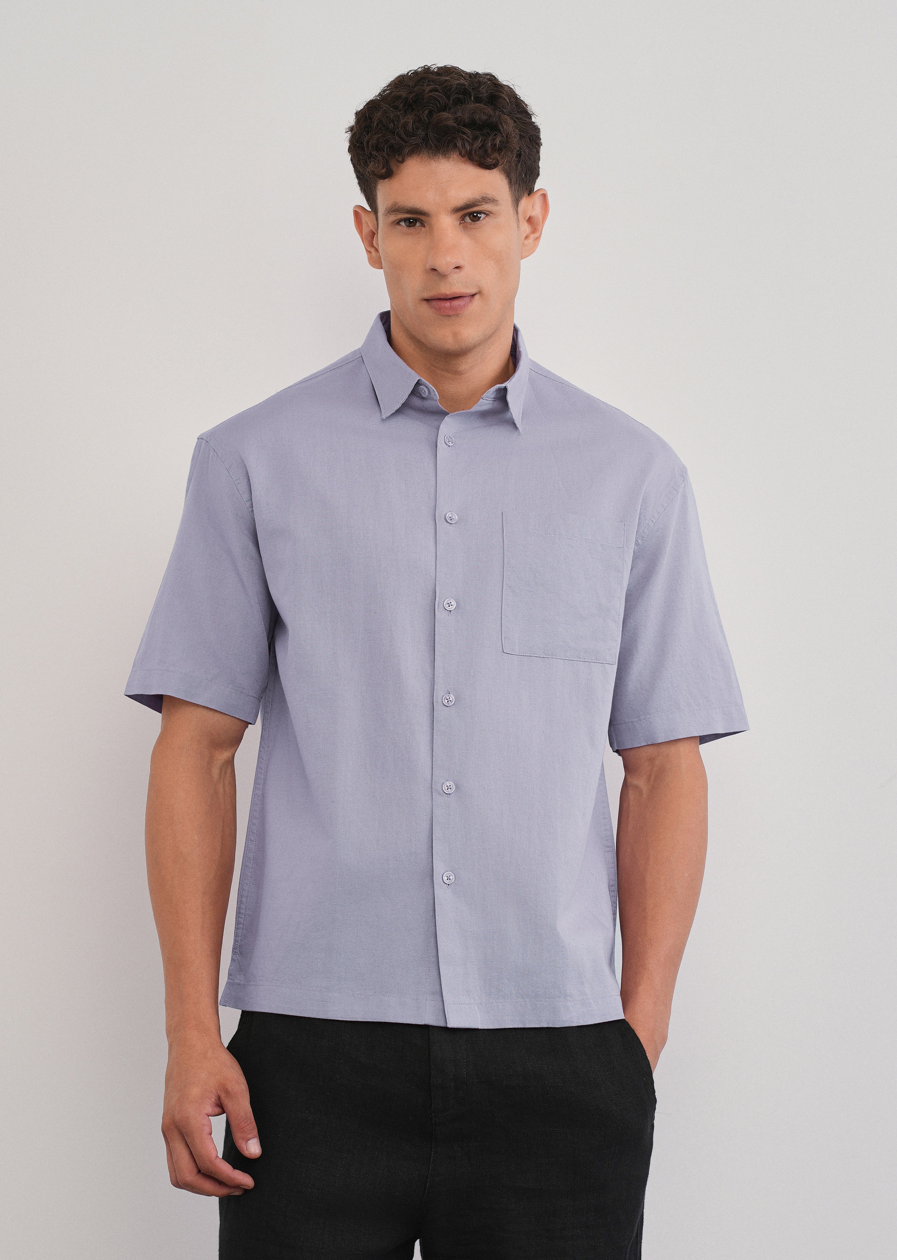 Lilac Cotton Linen Half Sleeve Shirt