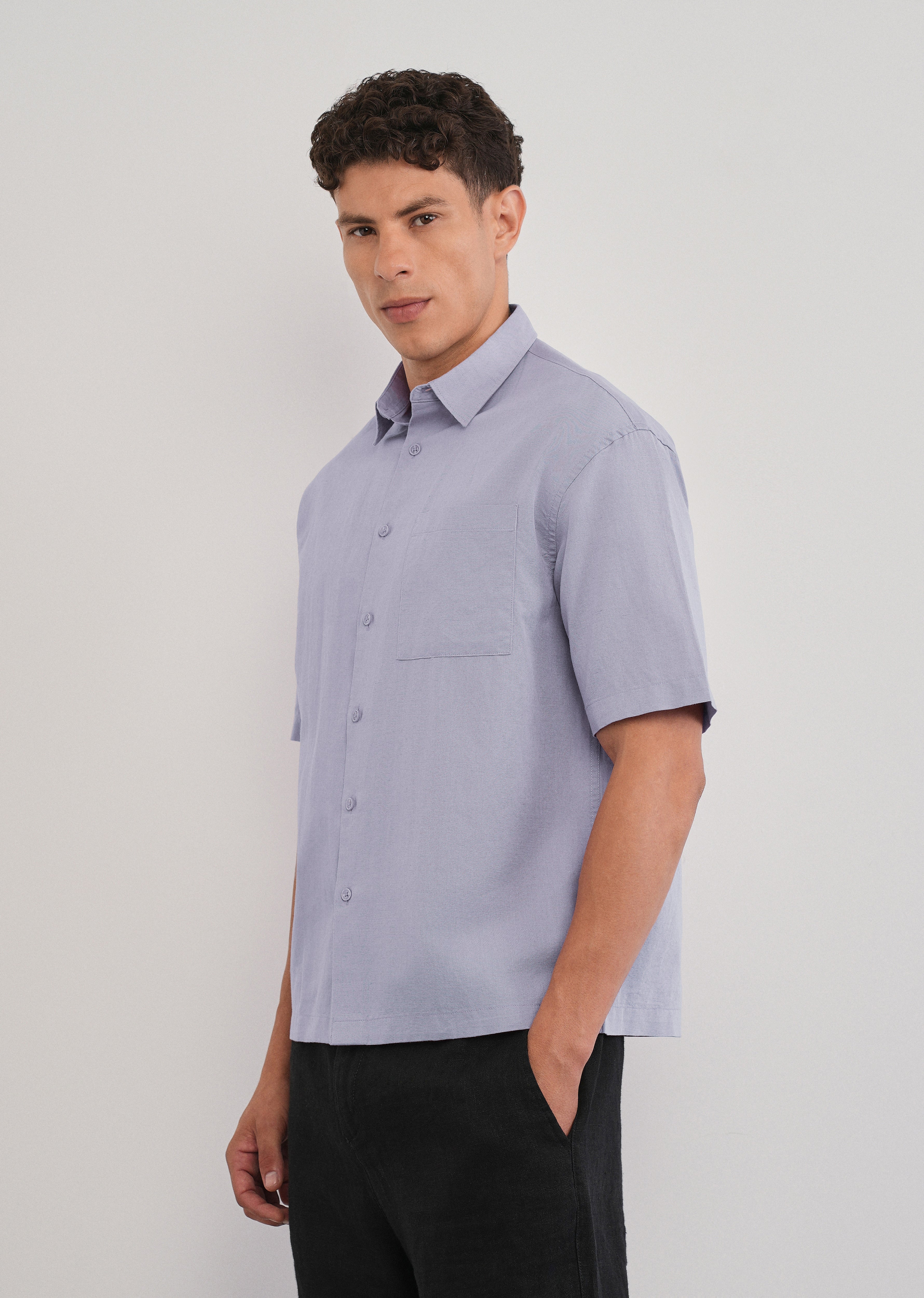 Lilac Cotton Linen Half Sleeve Shirt