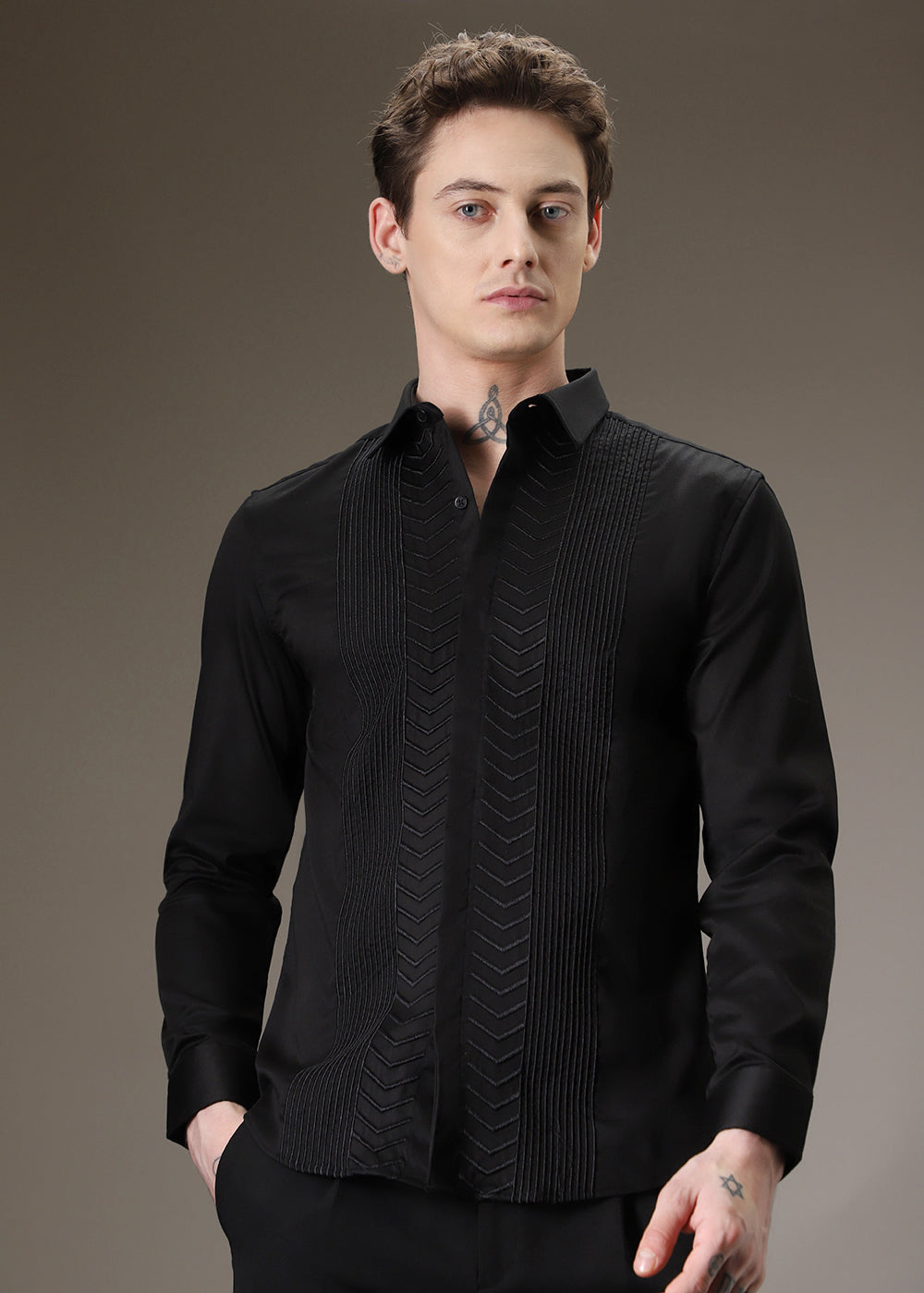 Line Needle Work Black Shirt