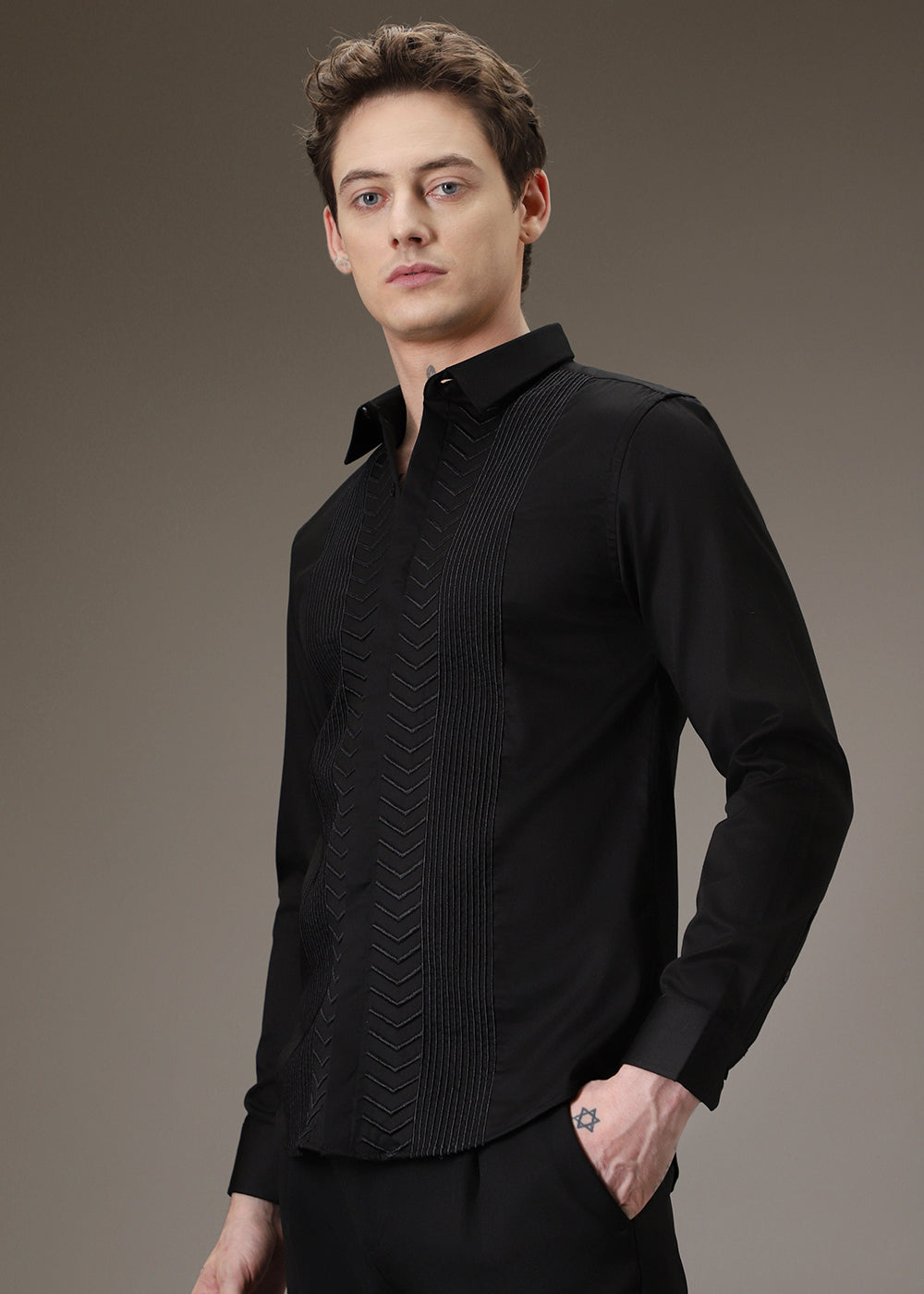 Line Needle Work Black Shirt