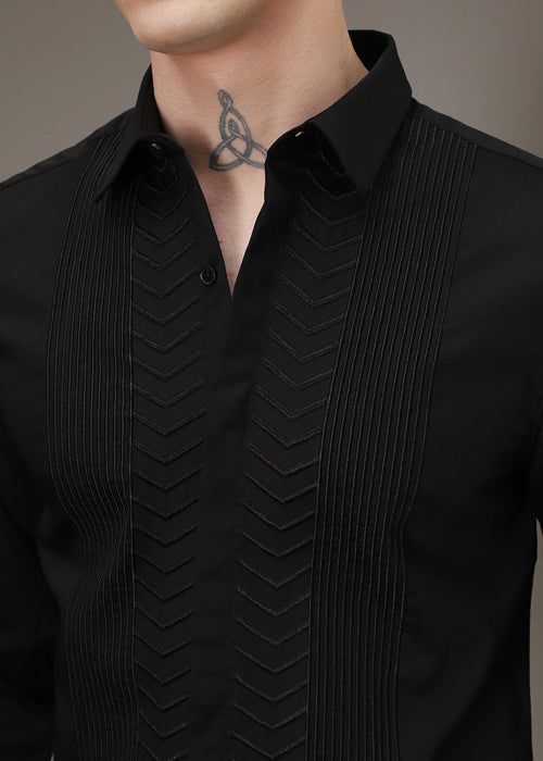 Line Needle Work Black Shirt