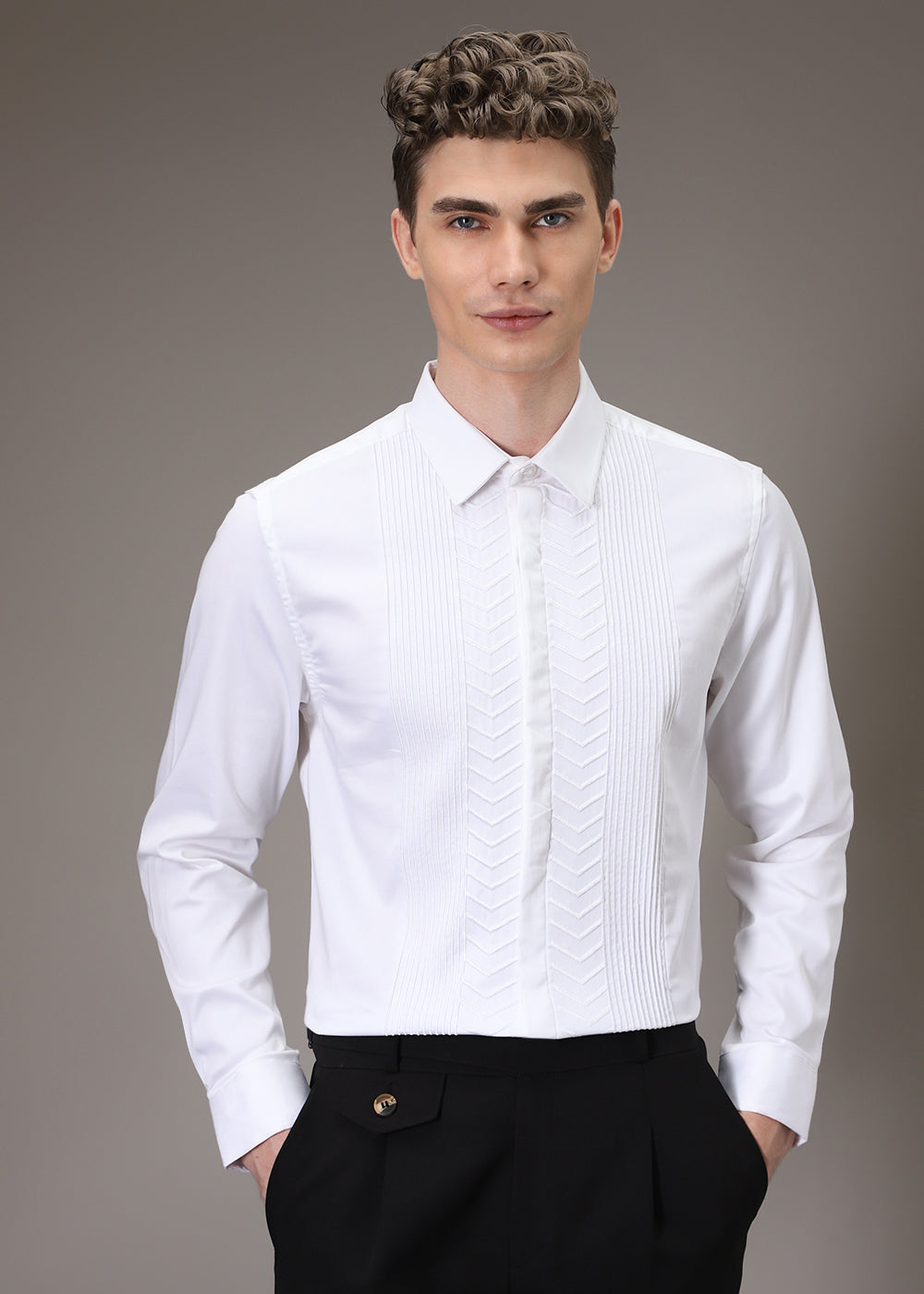 Line Needle Work White Shirt