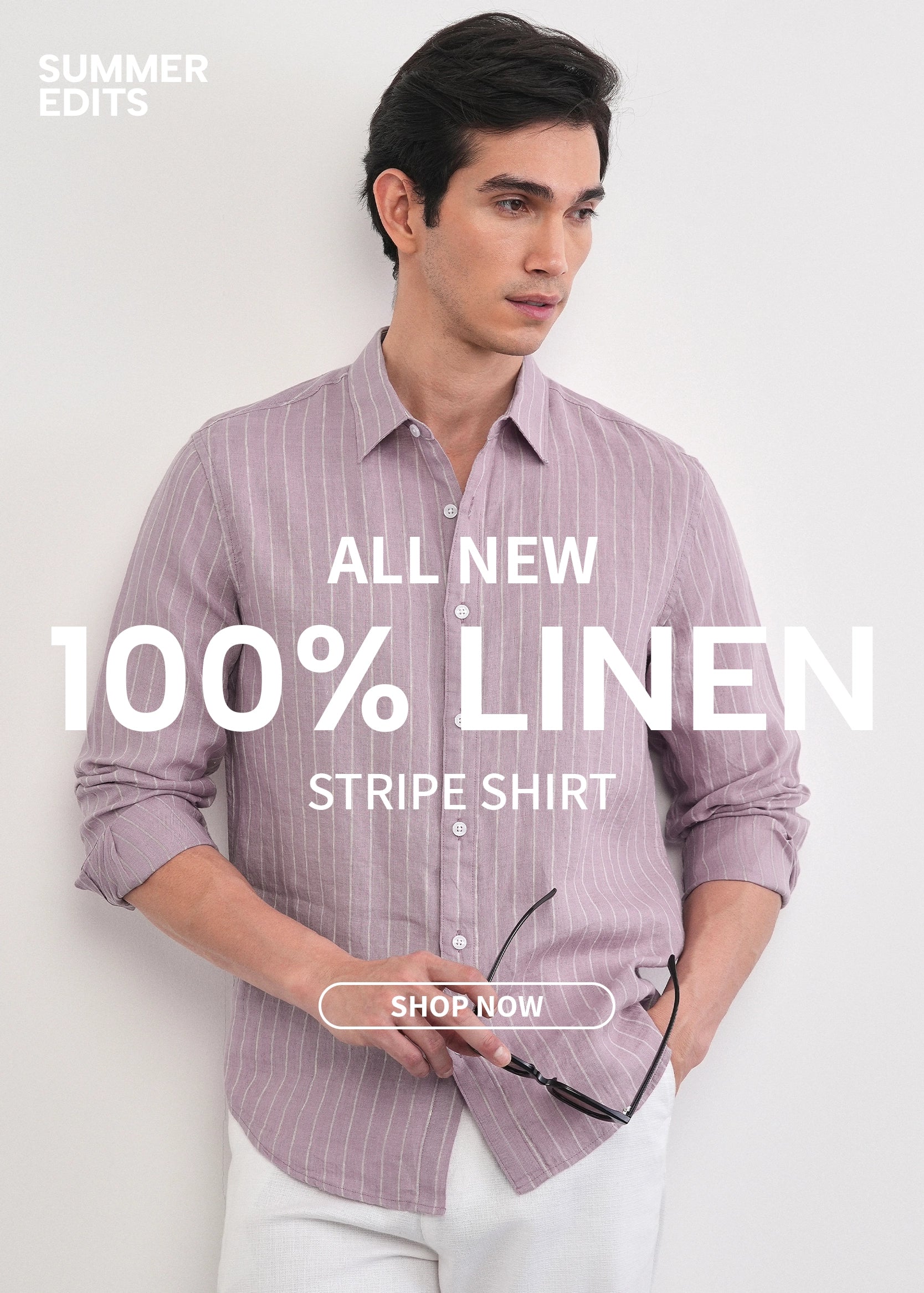 Man wearing a 100% linen stripe shirt with promotional text on a white background