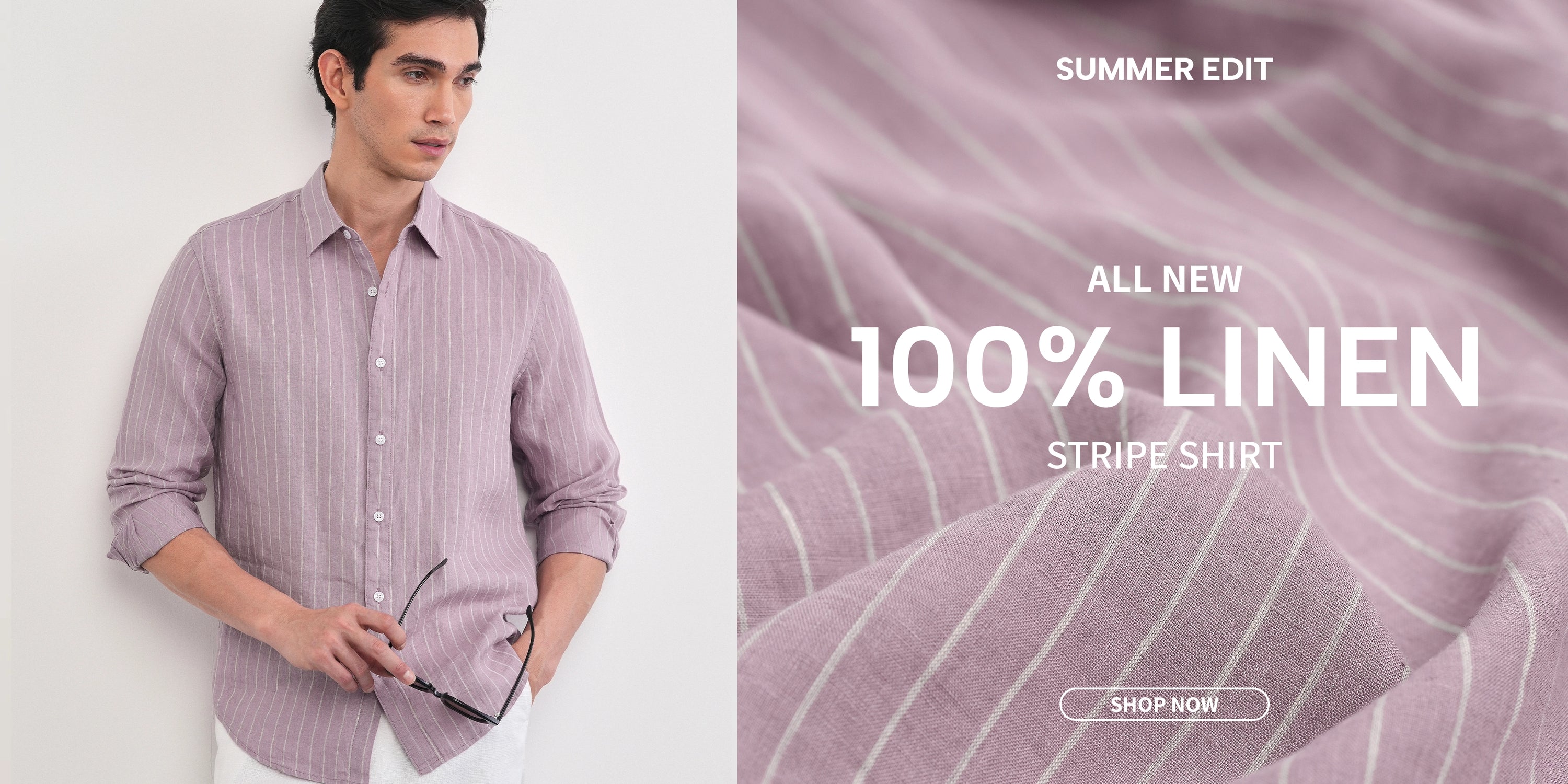 Man wearing a 100% linen striped shirt with product details on a white background
