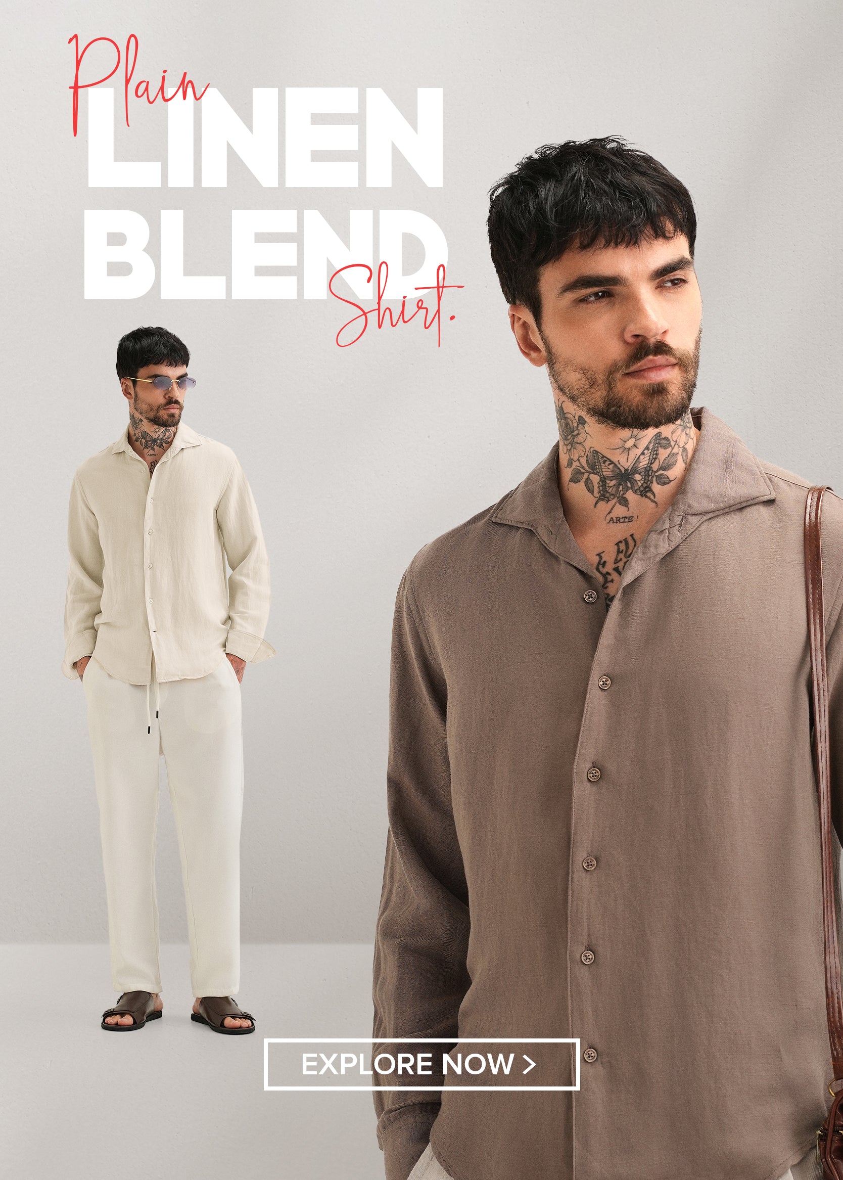 Two men wearing linen blend shirts with text and an 'Explore Now' button on a gray background.