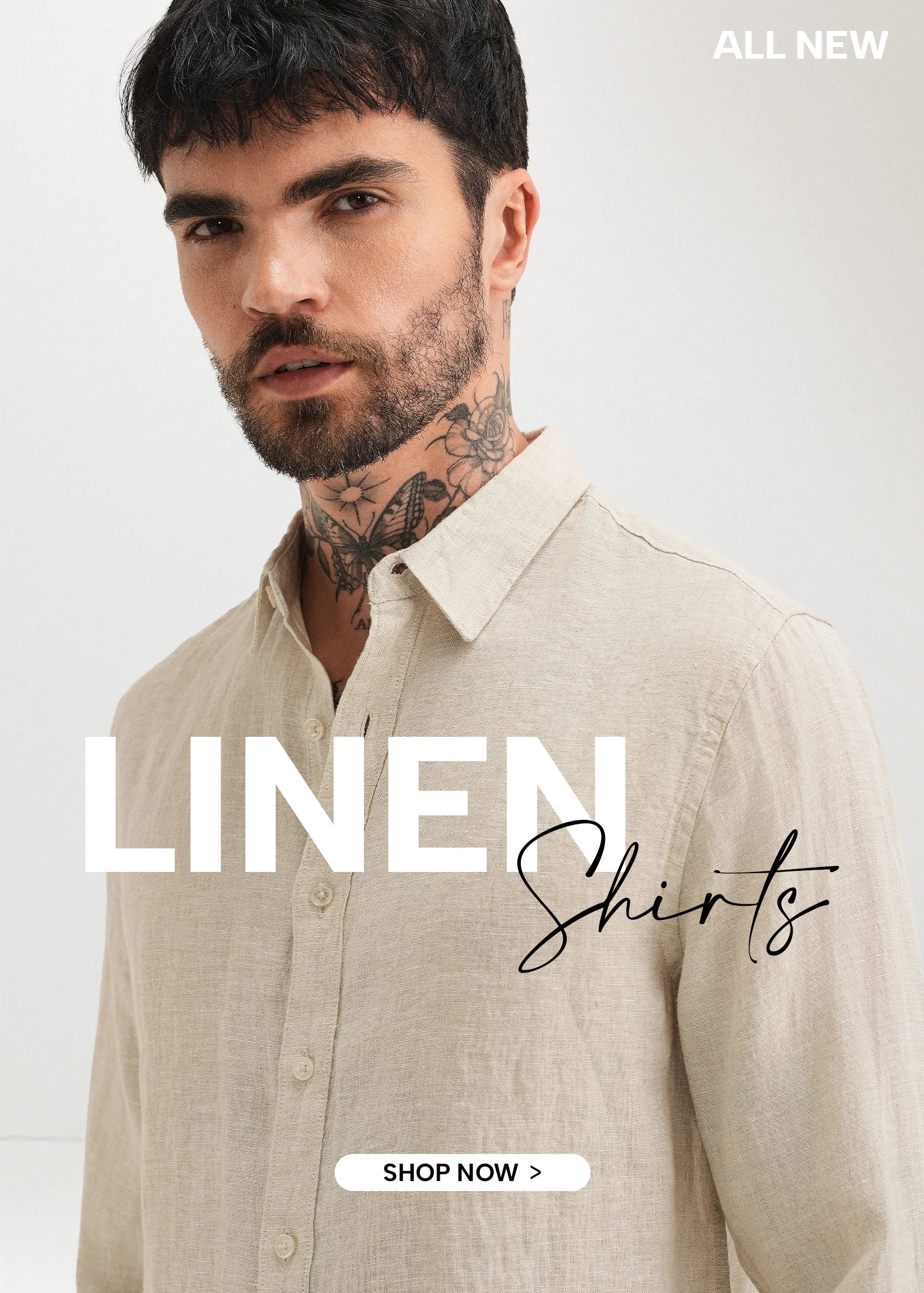 Man wearing a beige linen shirt with text promoting linen shirts and a 'Shop Now' button.