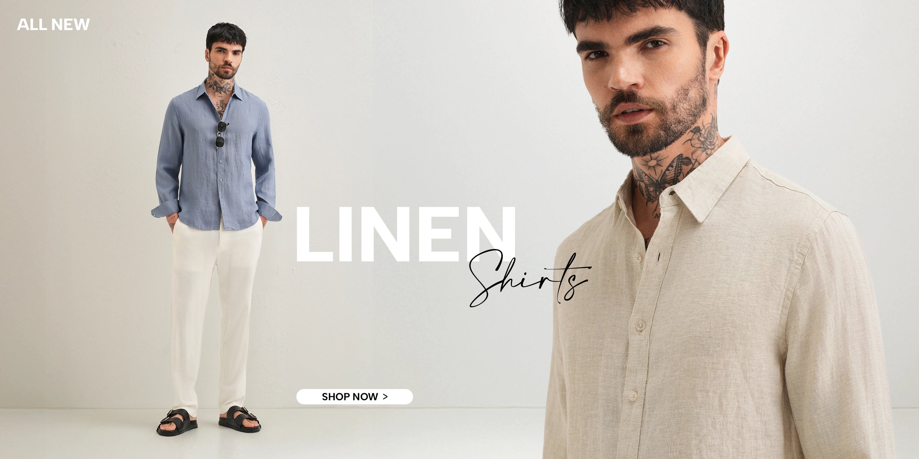 Two men wearing linen shirts with promotional text for linen shirts on a light background