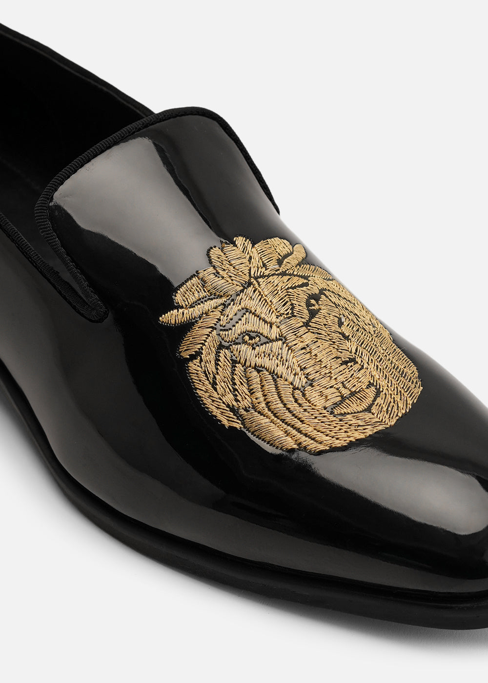 Lion Embroidered Black Patent Loafers