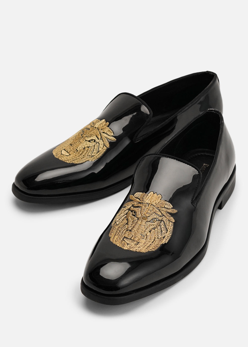 Lion Embroidered Black Patent Loafers