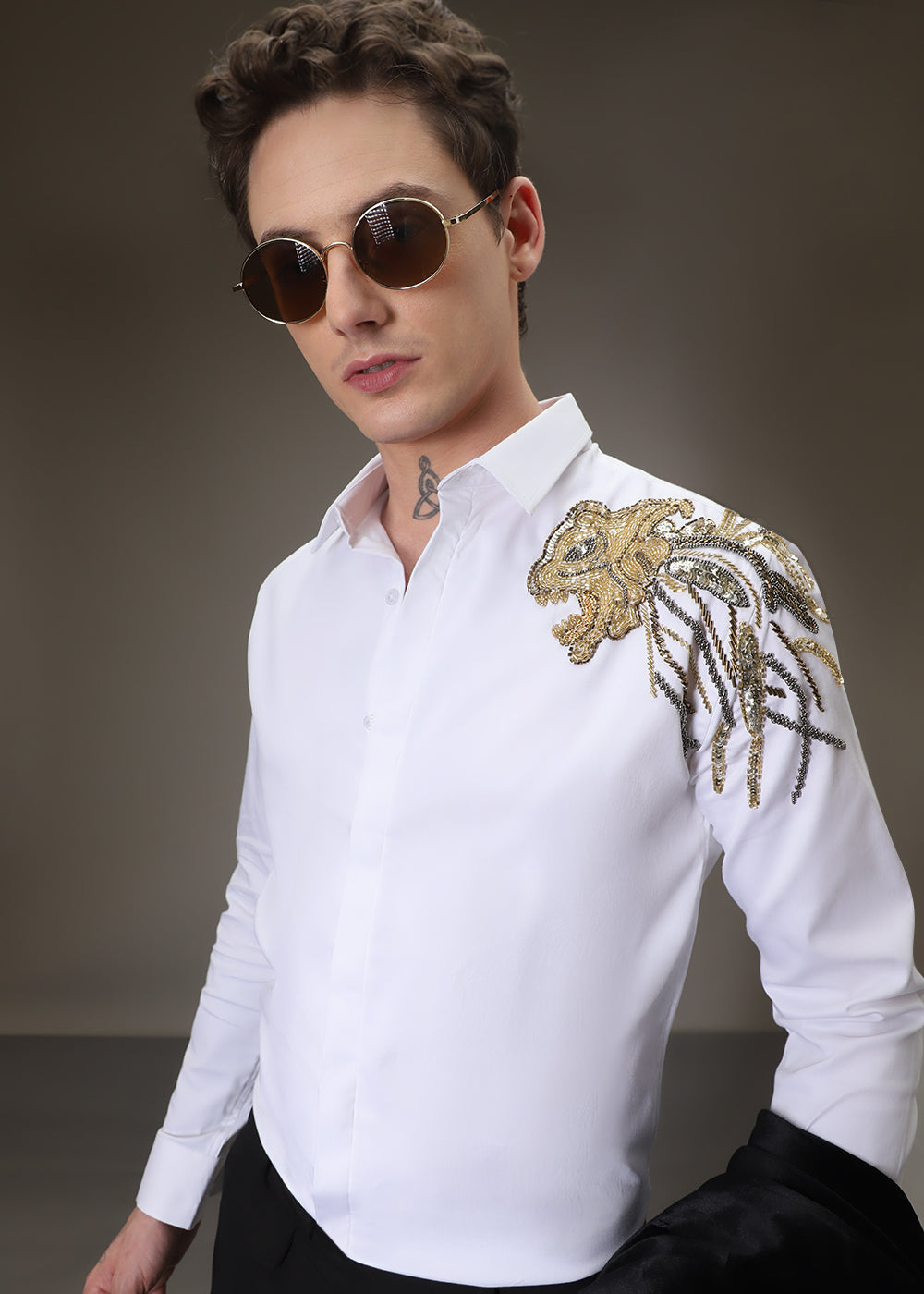 Lion Luxe White Sequenced Designer Shirt