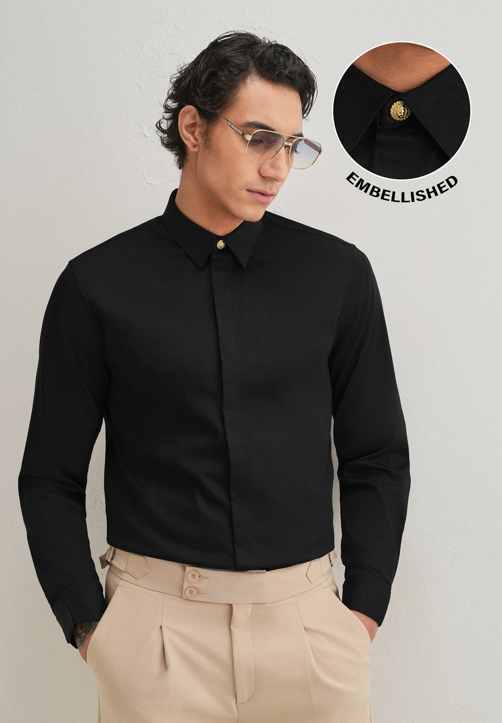 Lion Mane Embellished Black Designer Shirt