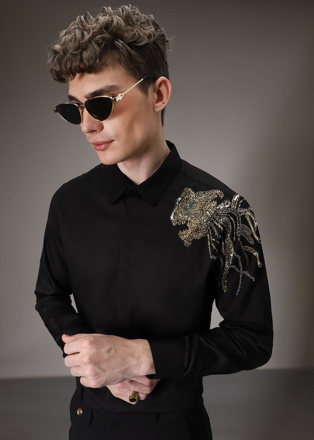 Lion Luxe Black Sequenced Designer Shirt