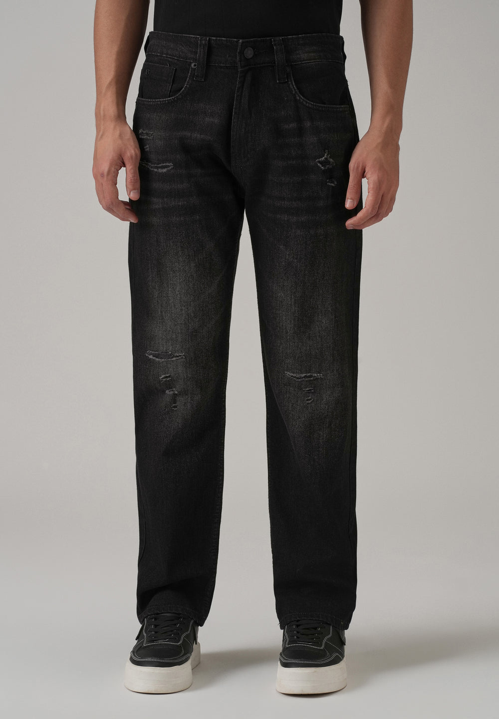 Low Fade Ripped Black Straight Fit Jeans