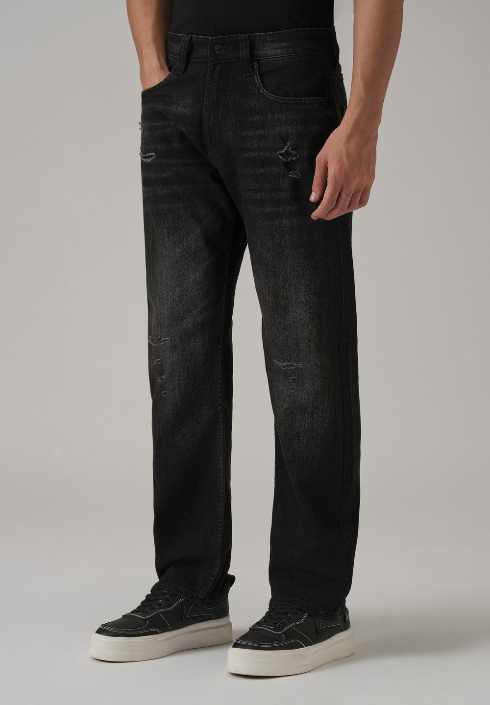 Low Fade Ripped Black Straight Fit Jeans