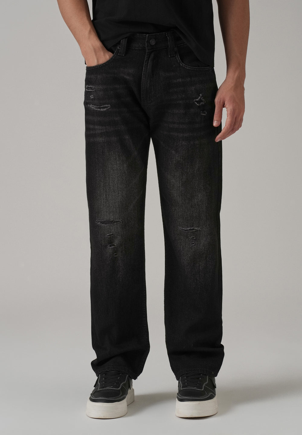 Low Fade Ripped Black Straight Fit Jeans