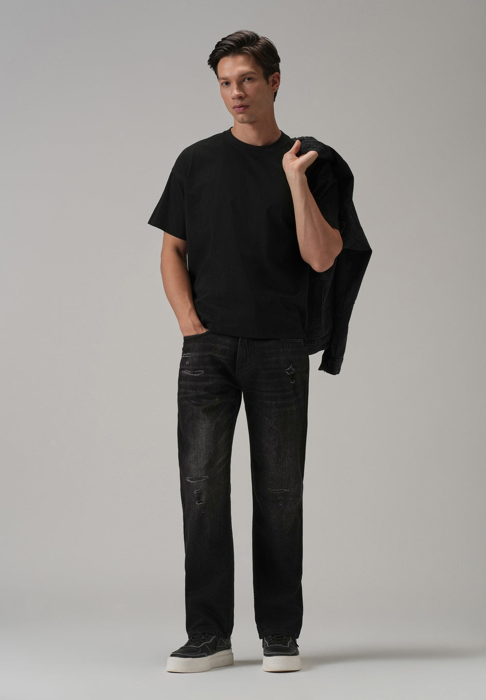 Low Fade Ripped Black Straight Fit Jeans