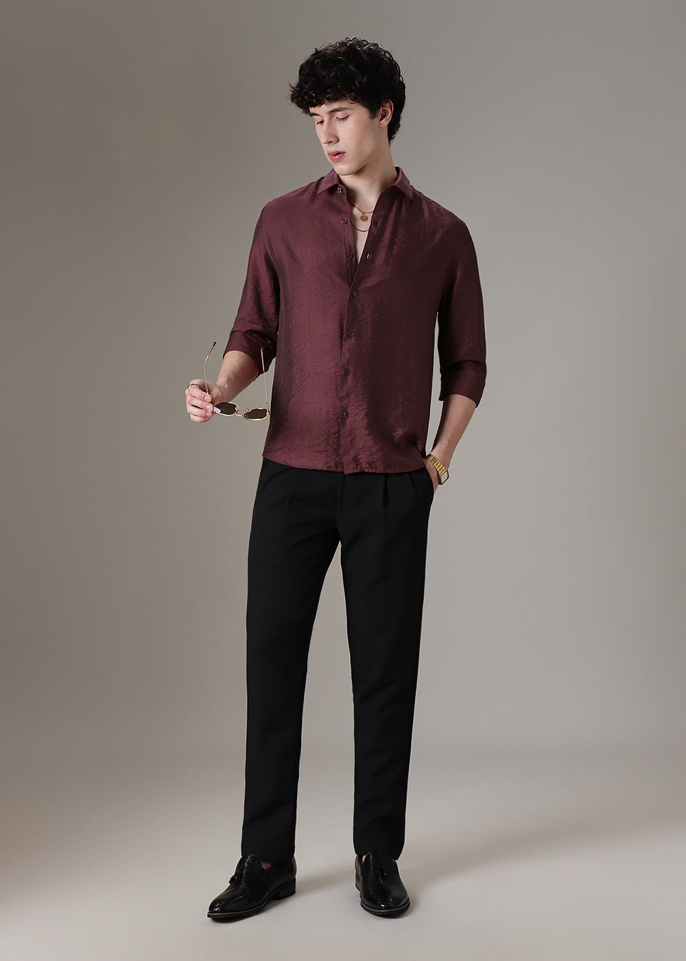 Maroon Crushed Satin Shirt