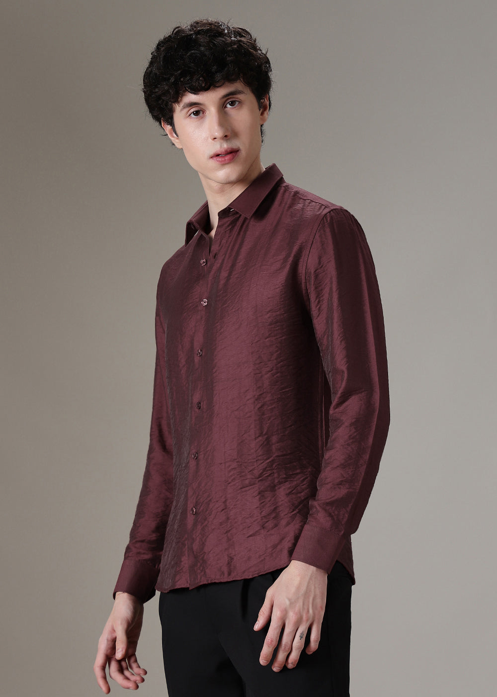 Maroon Crushed Satin Shirt