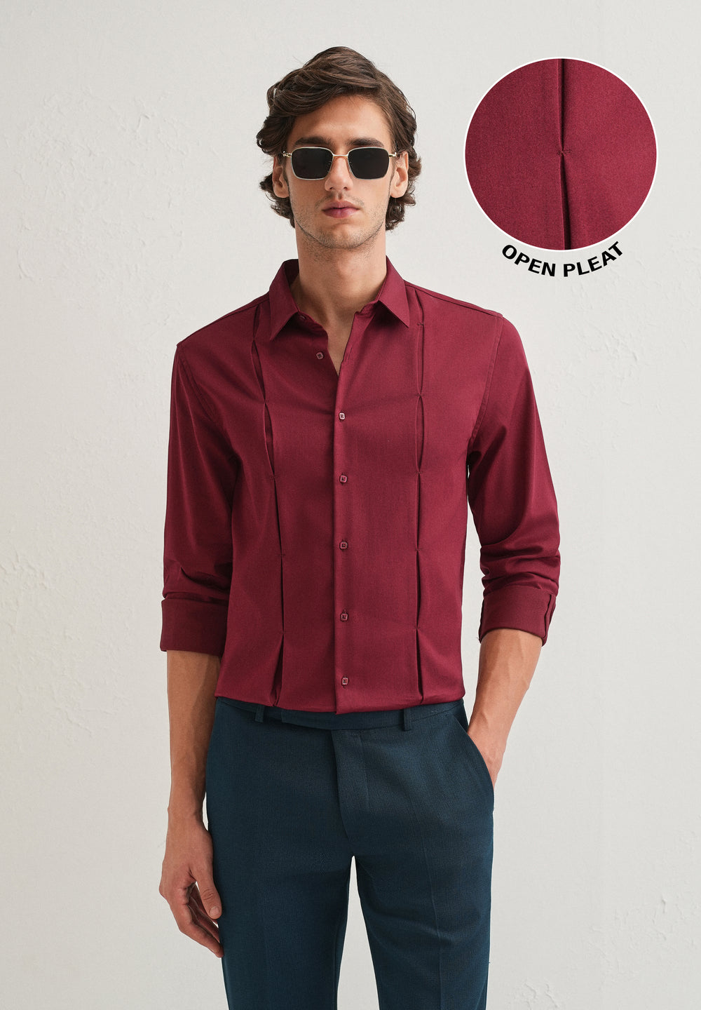 Maroon Front Panel Open Pleat Shirt