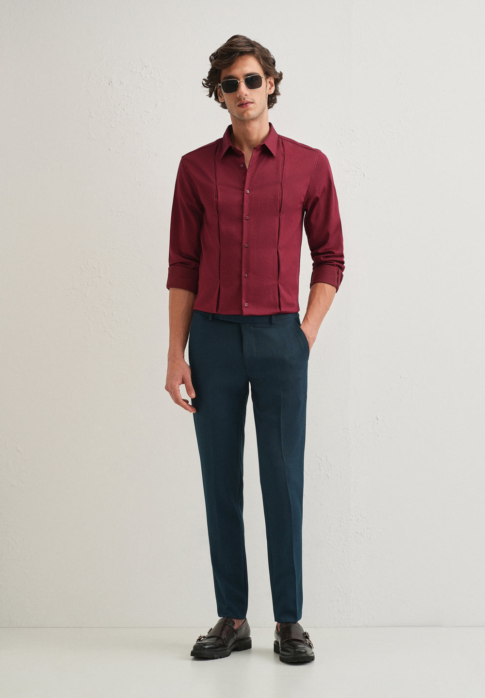 Maroon Front Panel Open Pleat Shirt