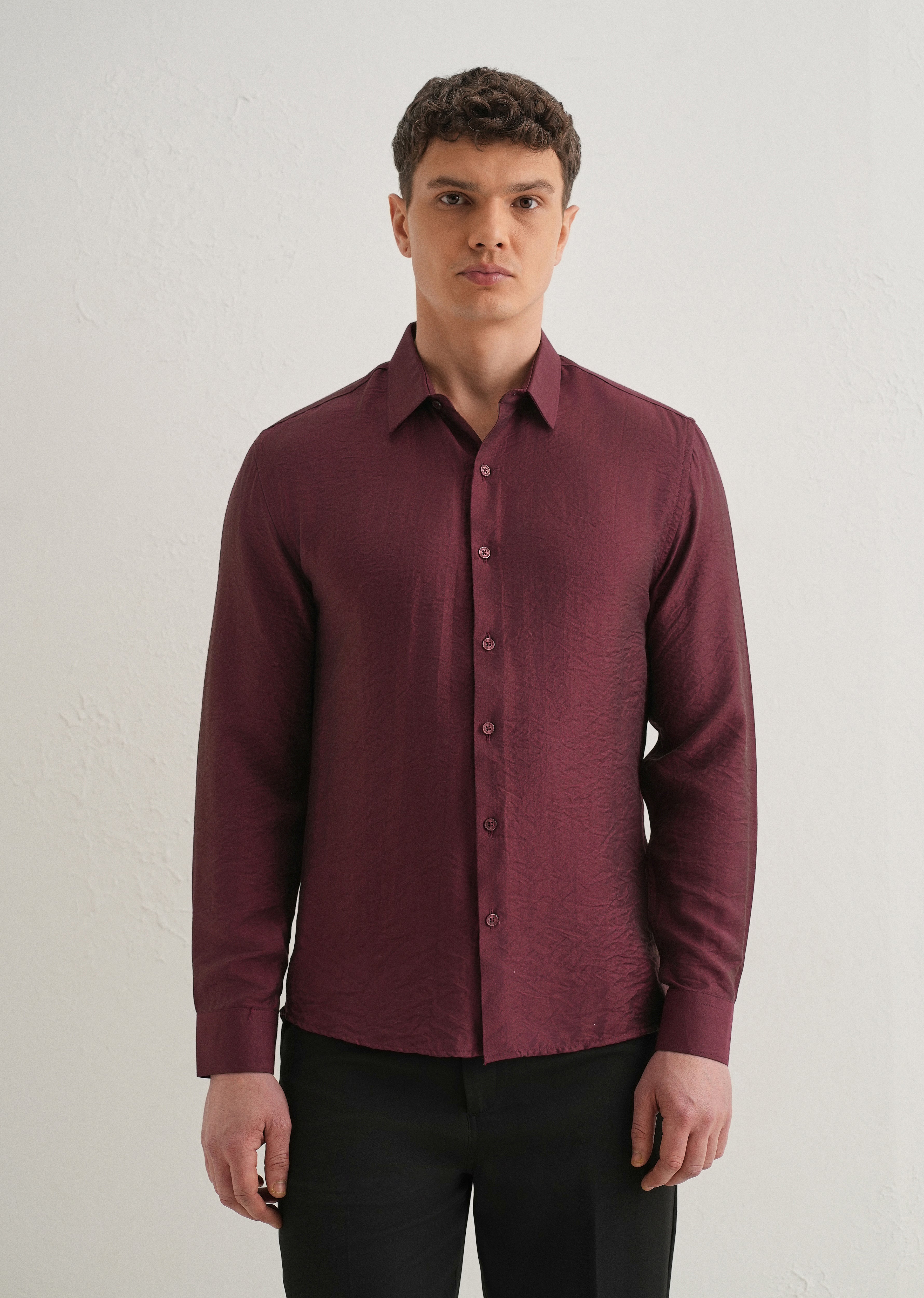 Maroon Plain Crushed Satin Shirt