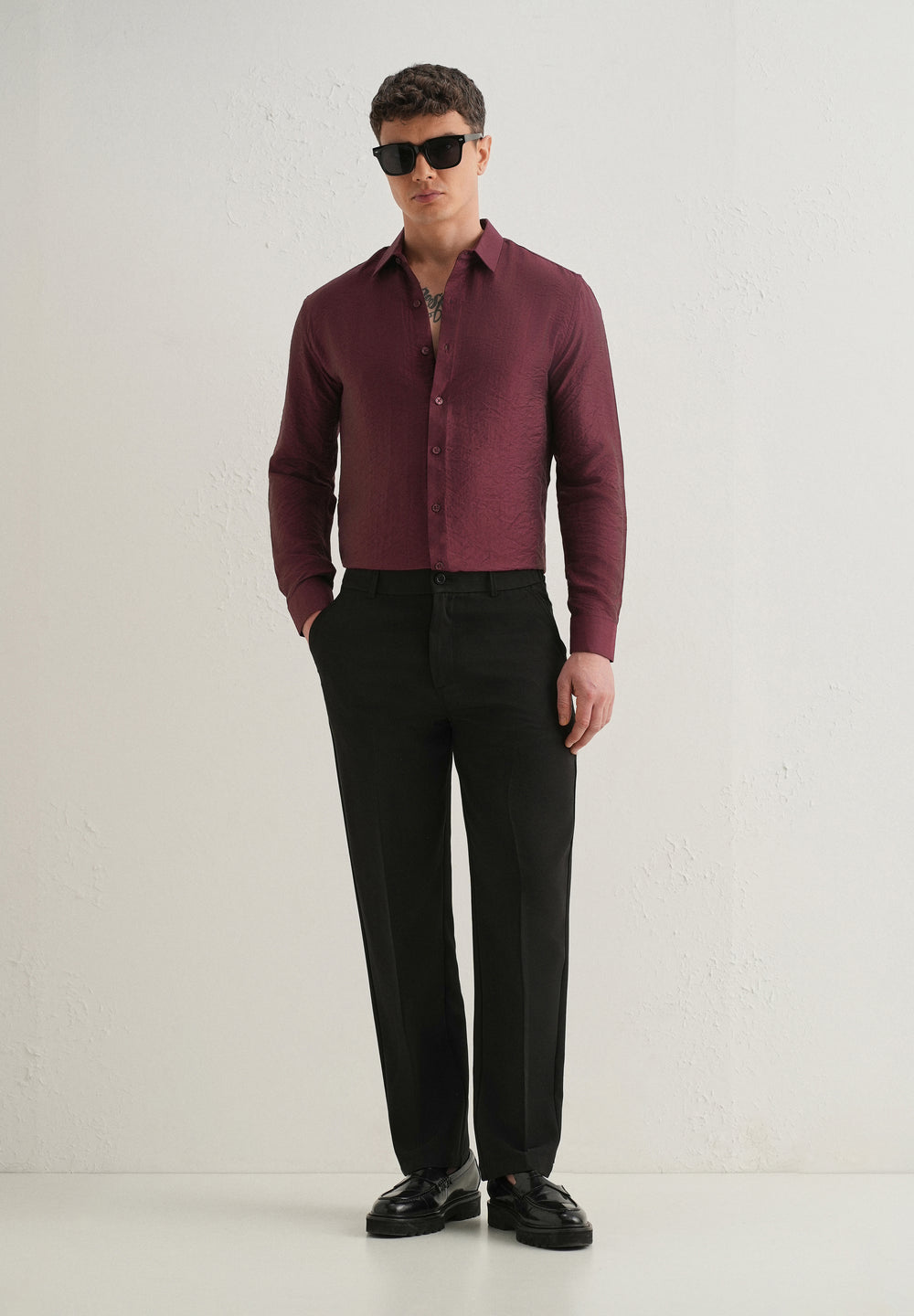 Maroon Plain Crushed Satin Shirt