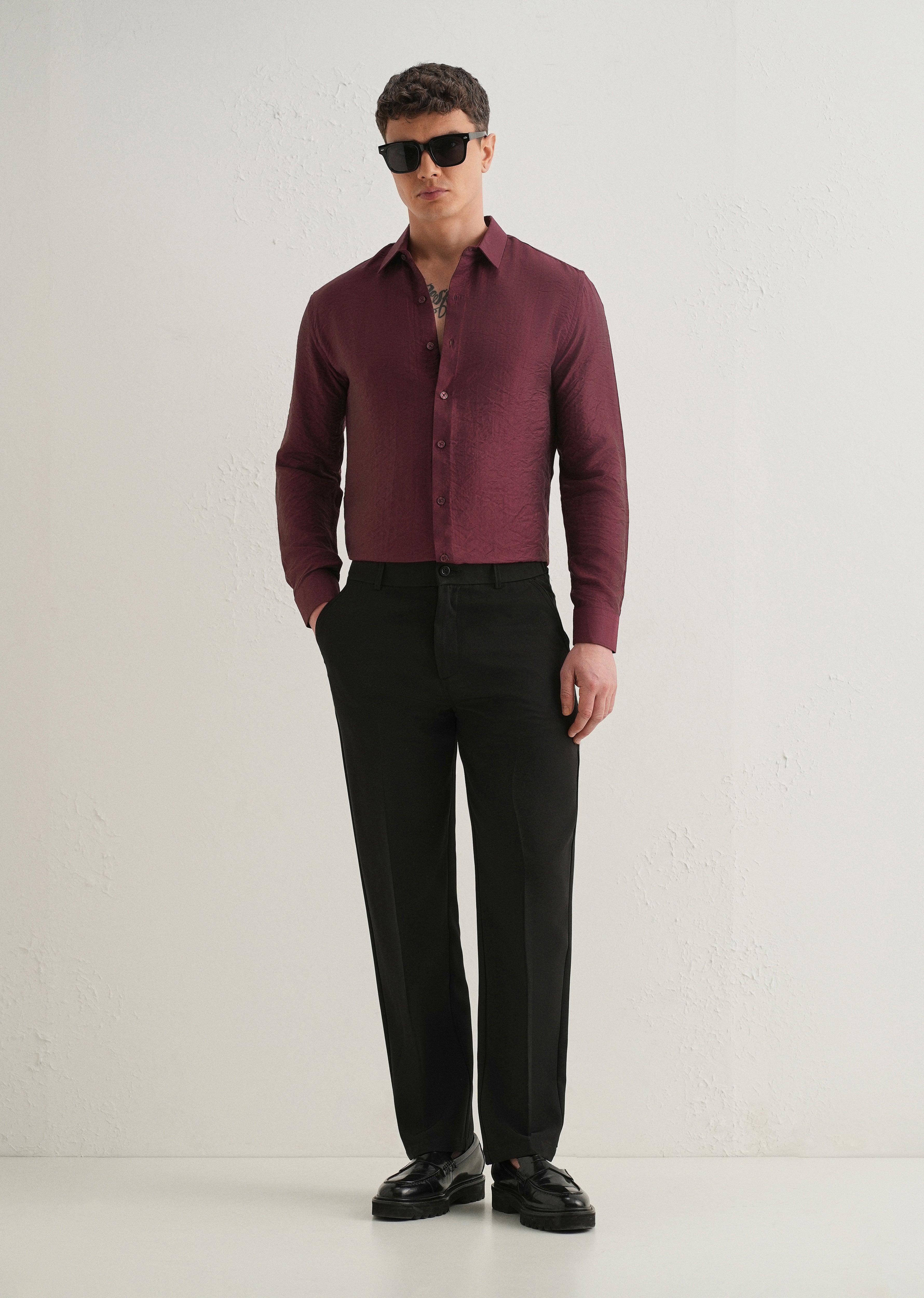 Maroon Plain Crushed Satin Shirt