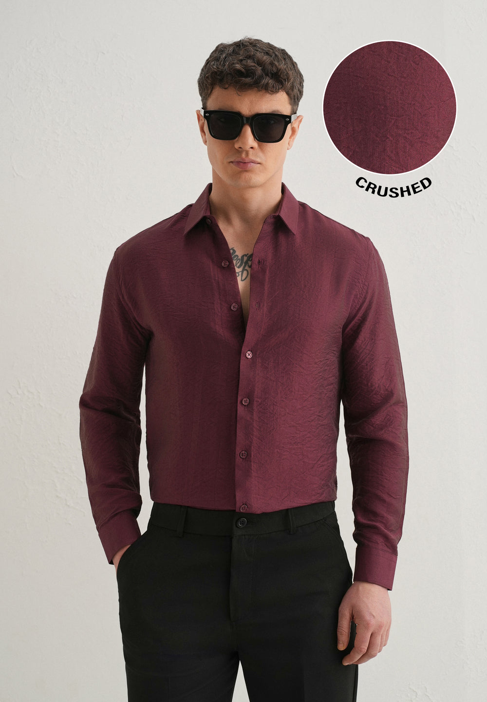 Maroon Plain Crushed Satin Shirt