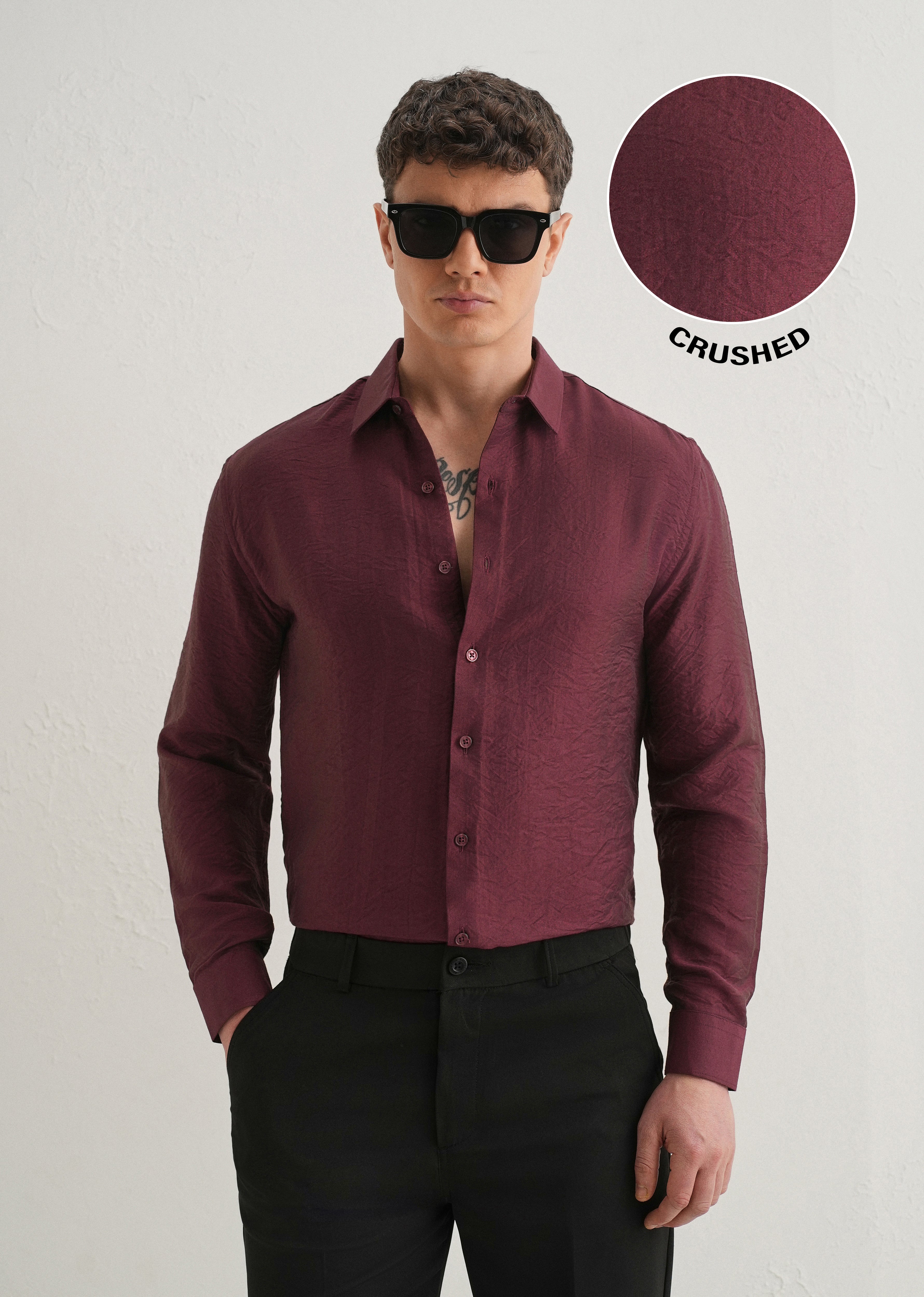 Maroon Plain Crushed Satin Shirt