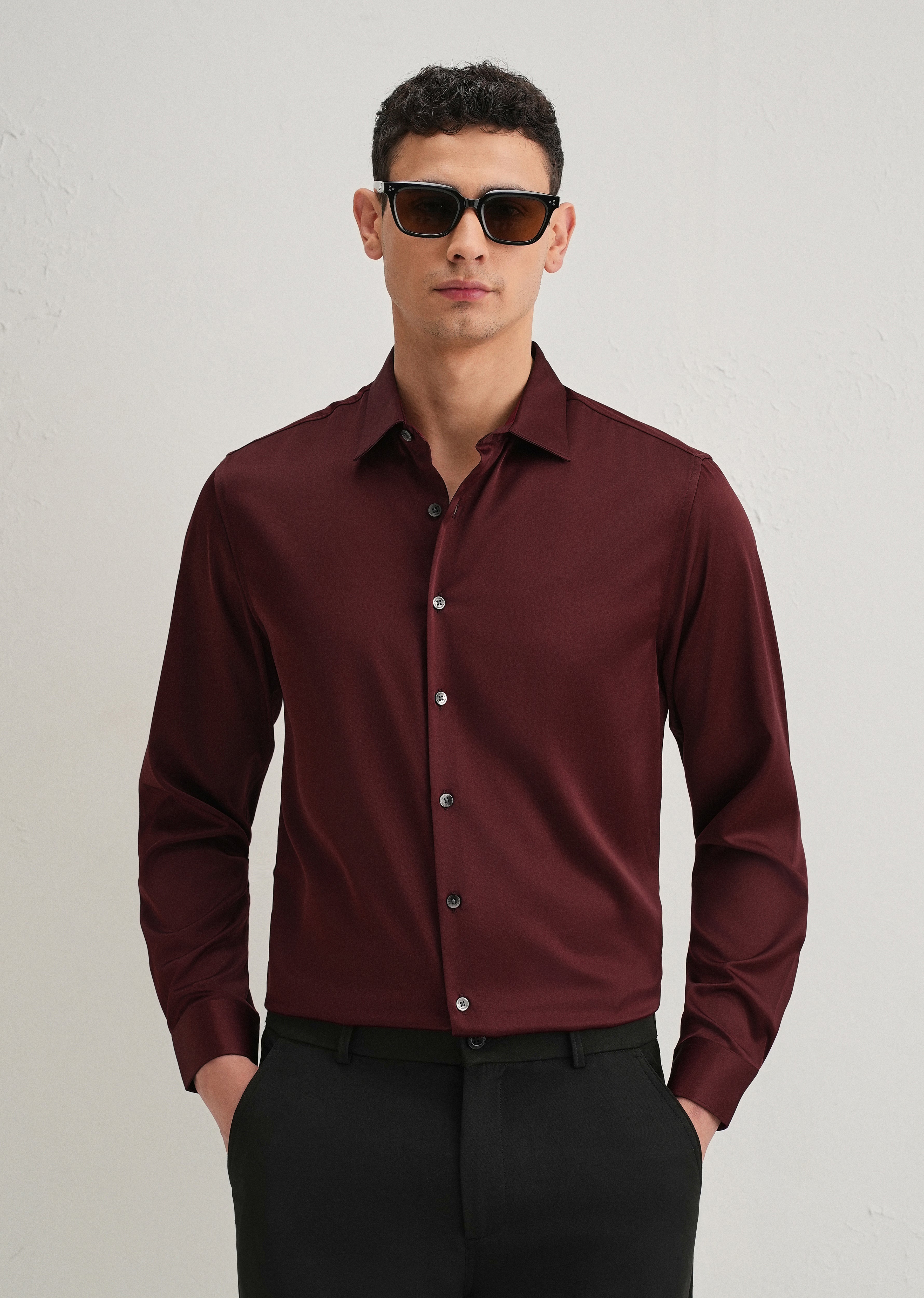 Maroon Satin-Finish Plain Shirt