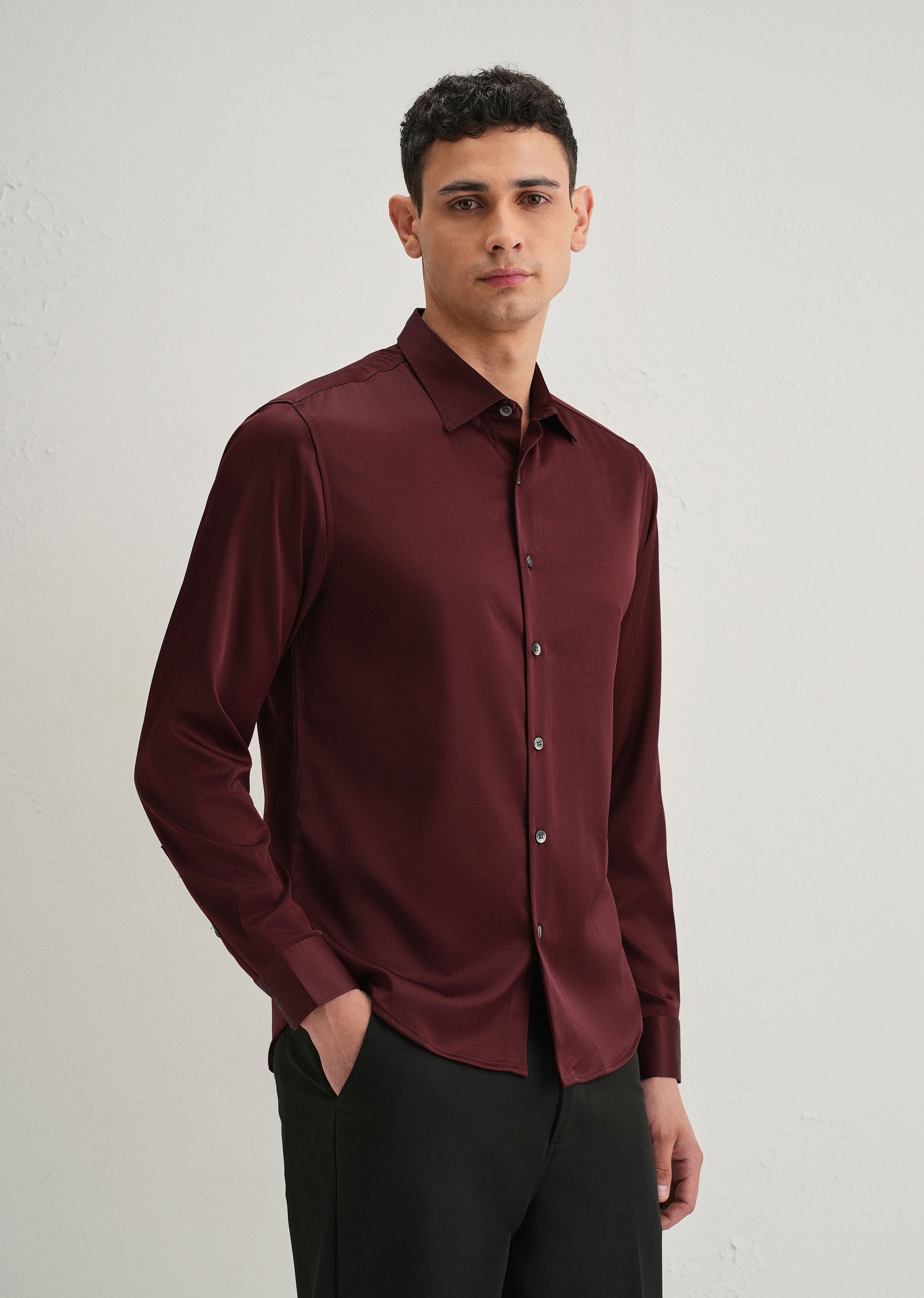 Maroon Satin-Finish Plain Shirt