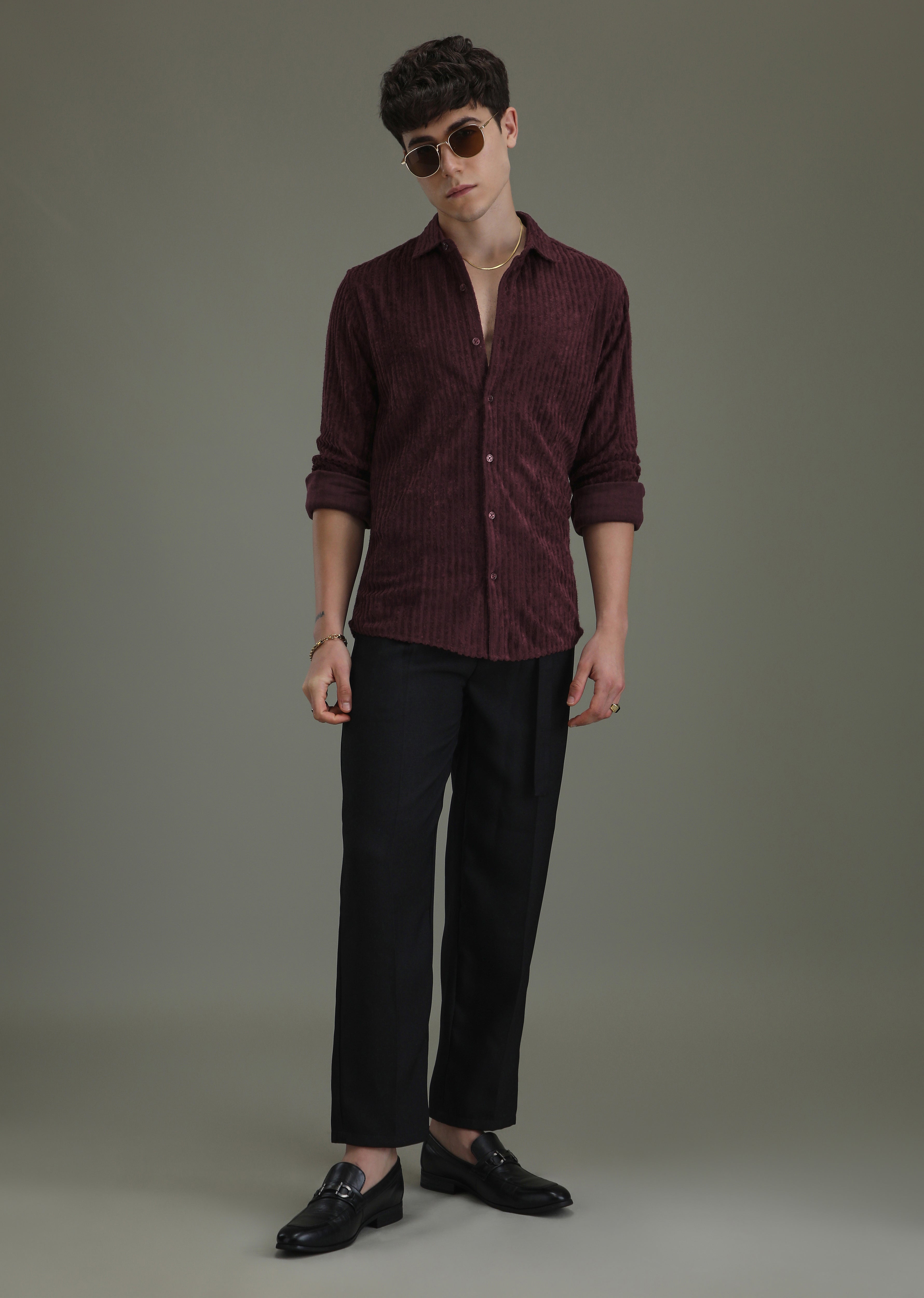 Maroon Plain Corduroy Stripe Shirt