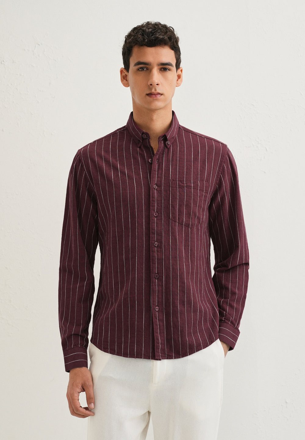 Maroon Striped Cotton Linen Shirt