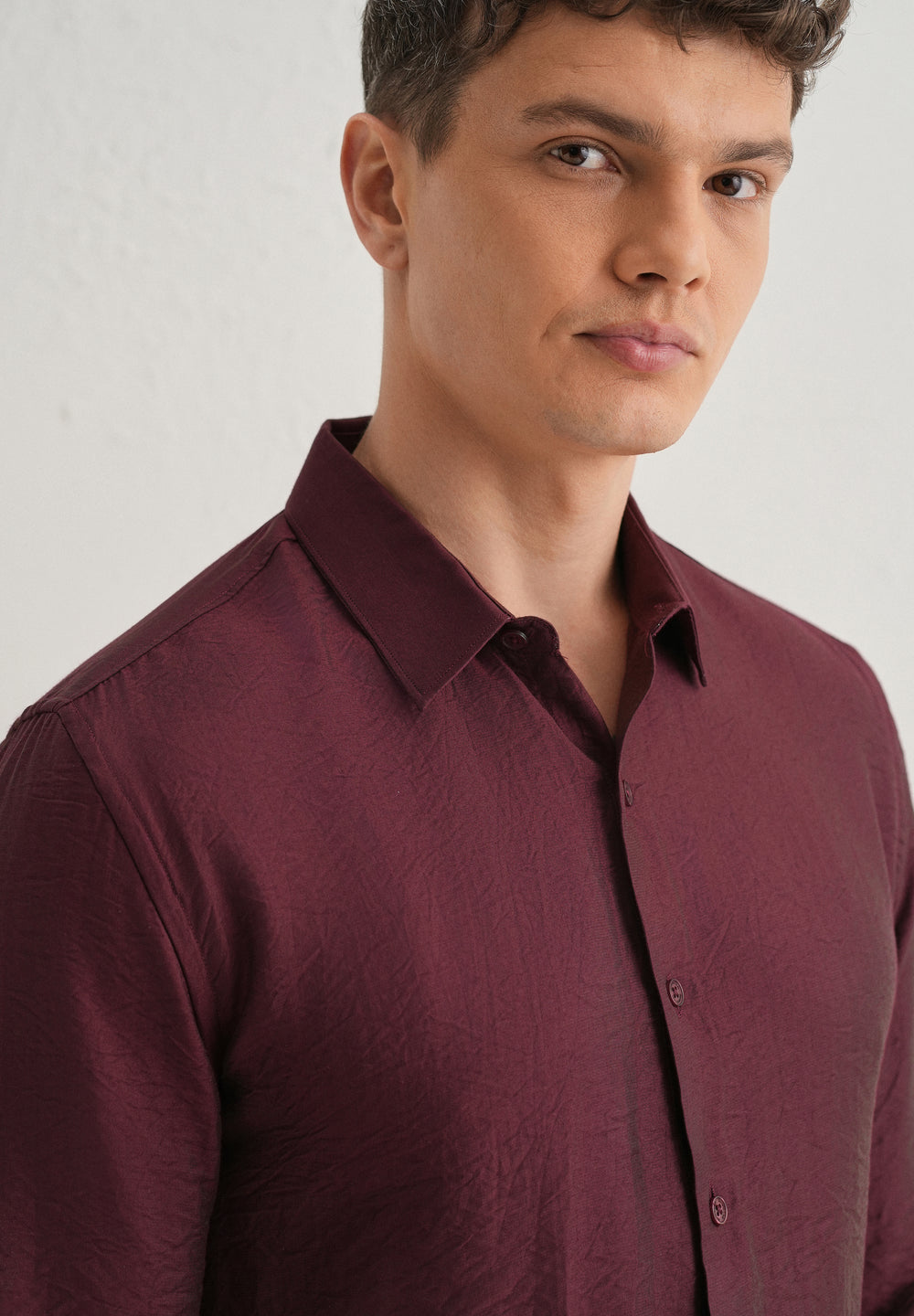 Maroon Plain Crushed Satin Shirt