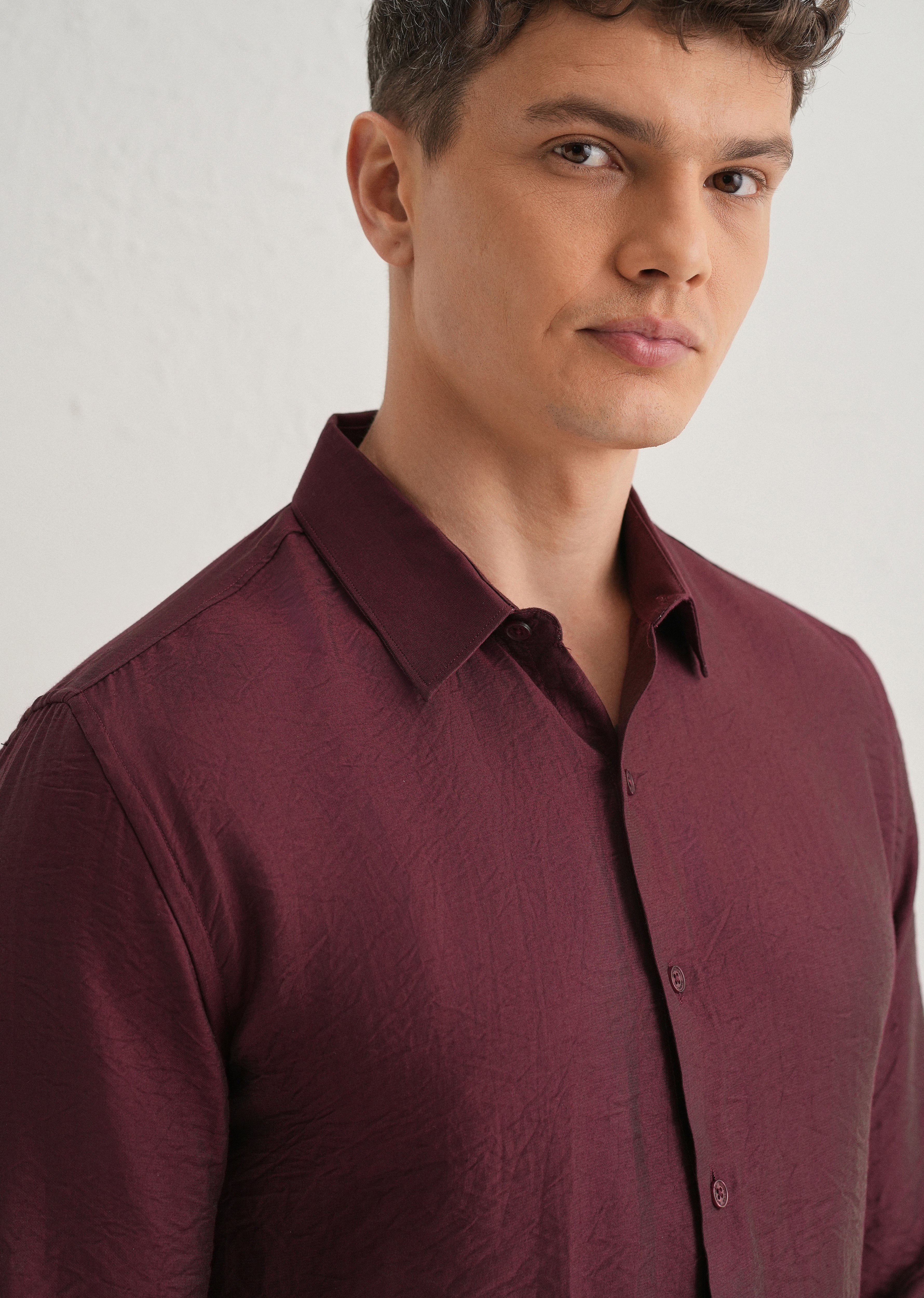 Maroon Plain Crushed Satin Shirt