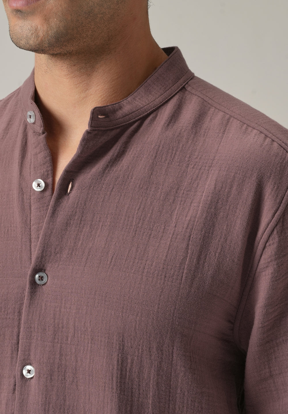 Mauve Plain Mandarin Collar Cotton Shirt