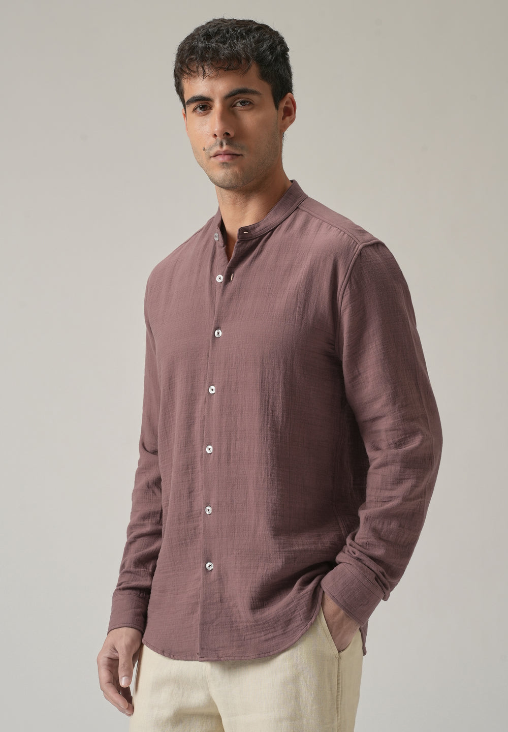 Mauve Plain Mandarin Collar Cotton Shirt